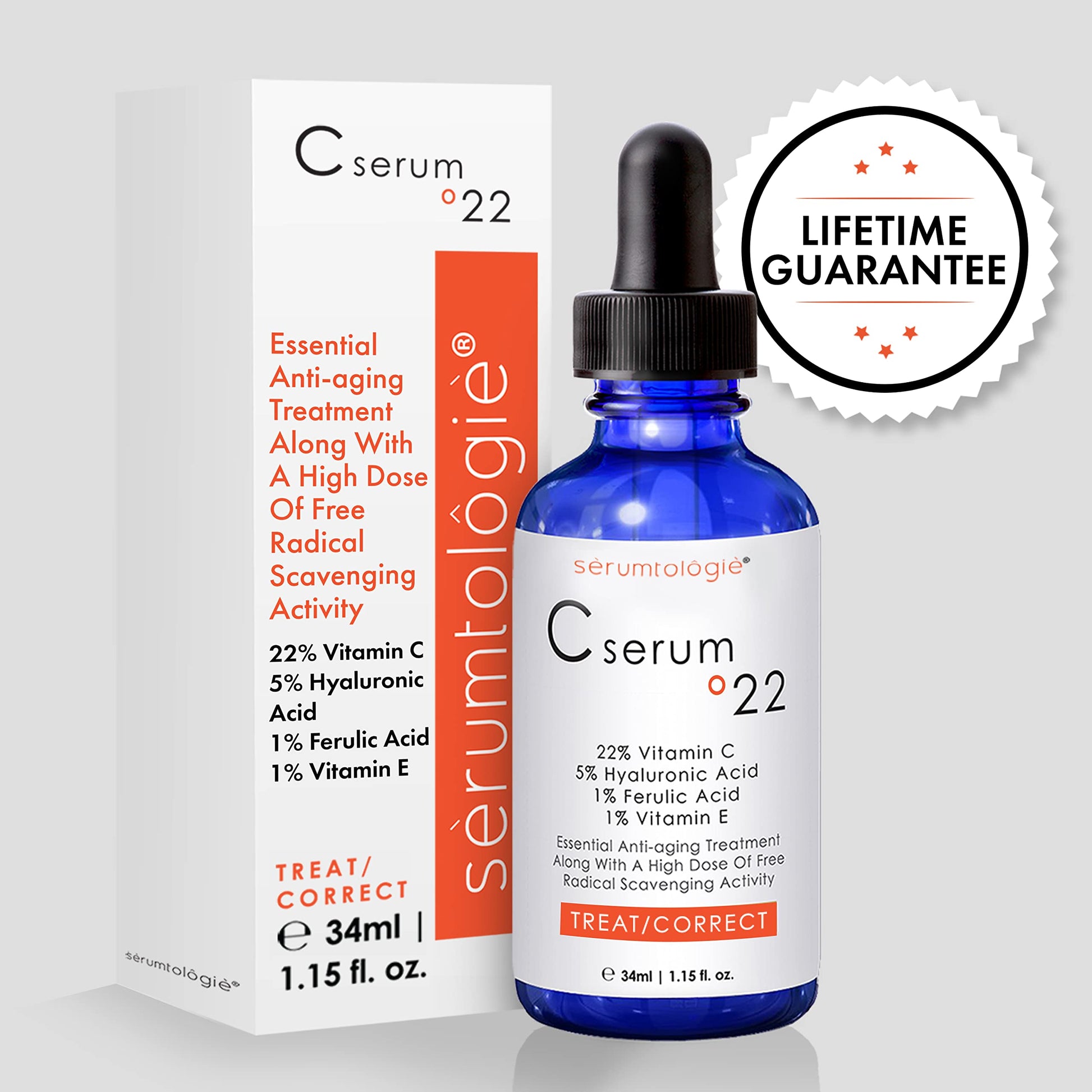 serumtologie Suero de vitamina C – 22% de vitamina C para cara y piel, fórmula rica en antioxidantes con 5% de ácido hialurónico, 1% de ácido ferúlico, 1.2 onzas