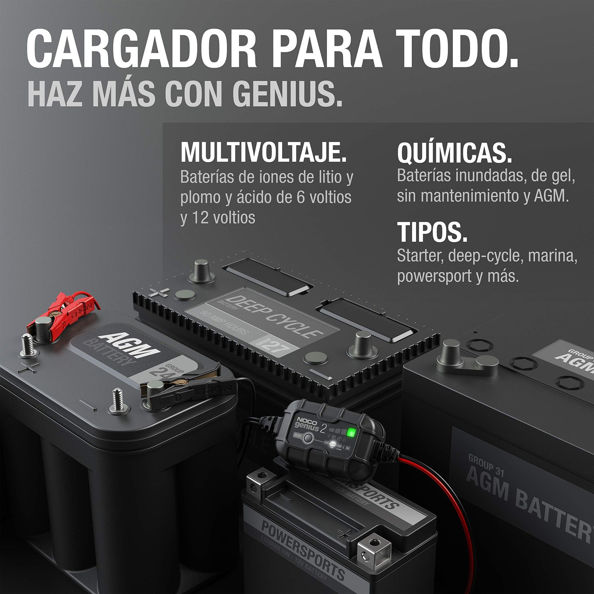 NOCO GENIUS2: Cargador de batería Inteligente 6V/12V 2A – Mantenedor automático, Cargador Lento y desulfatador con protección contra sobrecarga y compensación térmica – para baterías Plomo y Litio