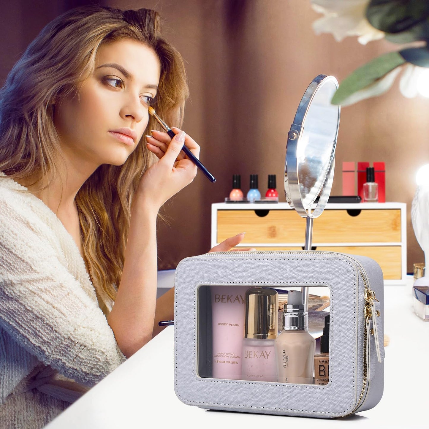 Pinkmik - Bolsa de maquillaje transparente para cosméticos y artículos de cambiador para mujer, bolsa de cepillo para polvo transparente con cierre (F/gris, M+MINI), F/Gray, M+MINI, Bolsa de