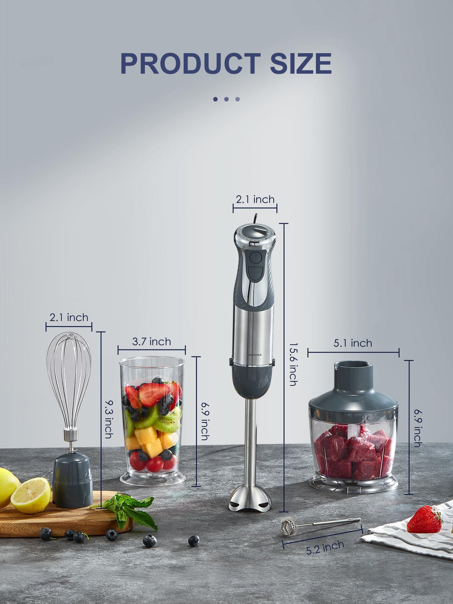 Licuadora de inmersión manual 5 en 1 – Licuadora de mano de 1000 W con motor de cobre, hoja de acero inoxidable, vaso de mezcla, procesador de alimentos, batidor, espumador de leche para batidos, puré