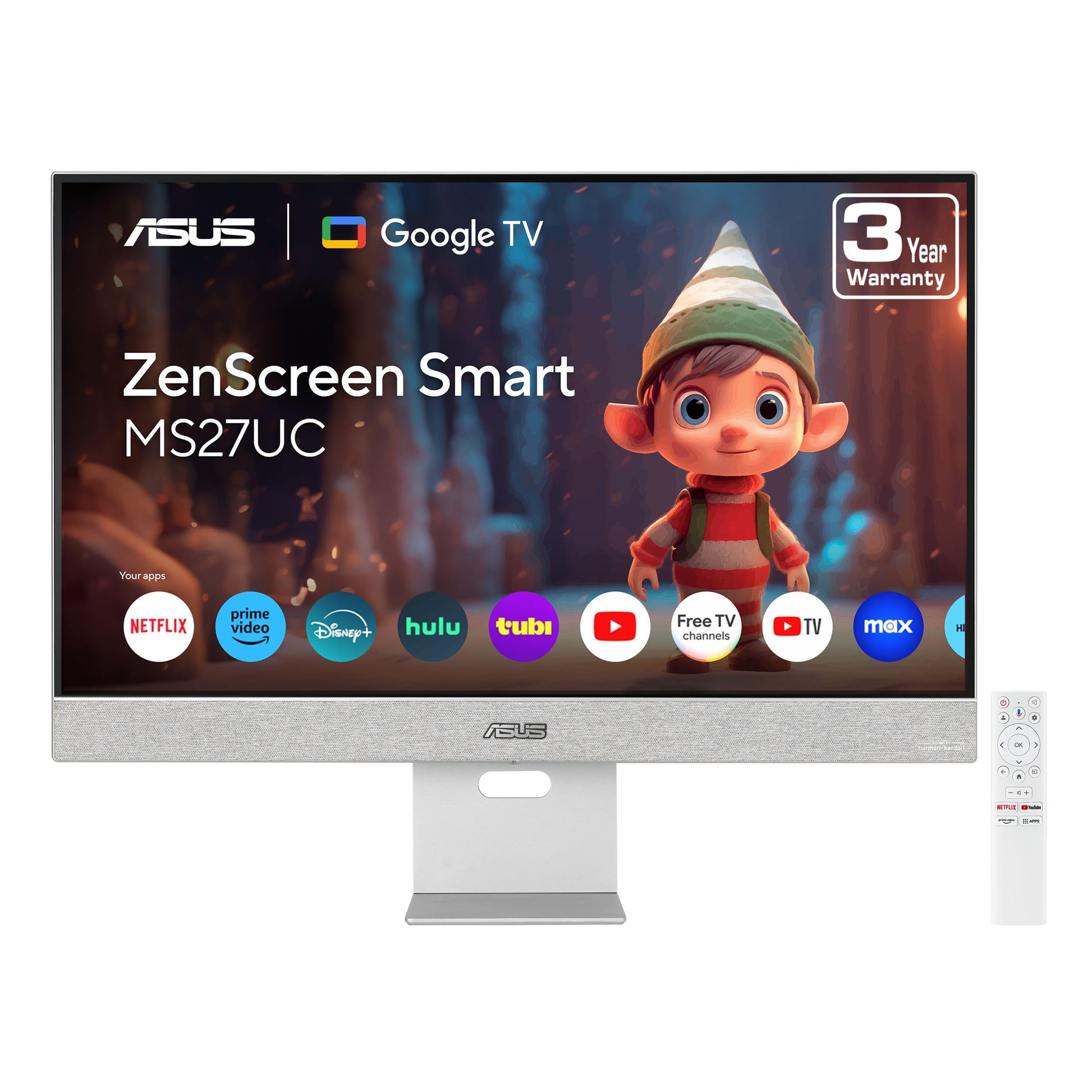 ASUS ZenScreen - Monitor Inteligente USB-C 4K (MS27UC) - UHD (3840 x 2160) IPS, 99% sRGB, Google TV, Altavoces Harman Kardon, USB-C 90W PD, USB Hub, visualización inalámbrica, Netflix y Youtube,