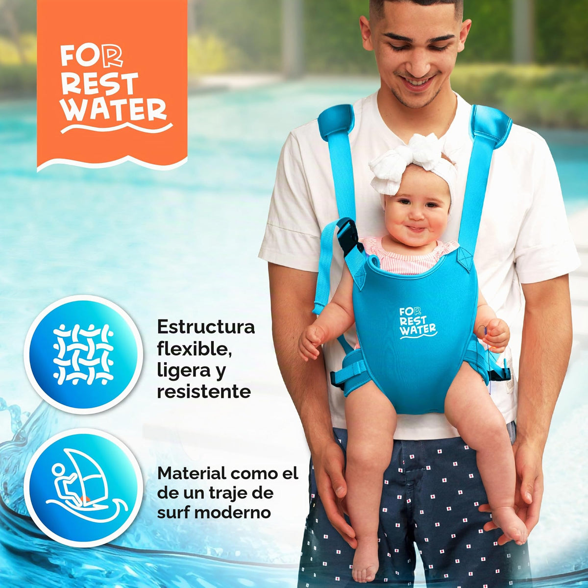 Portabebés para agua de descanso – Eslinga ergonómica de neopreno de alta calidad para diversión en agua y tierra cálida y segura (4-24 meses) – Arnés ajustable para bebés y niños pequeños (Lightblue)