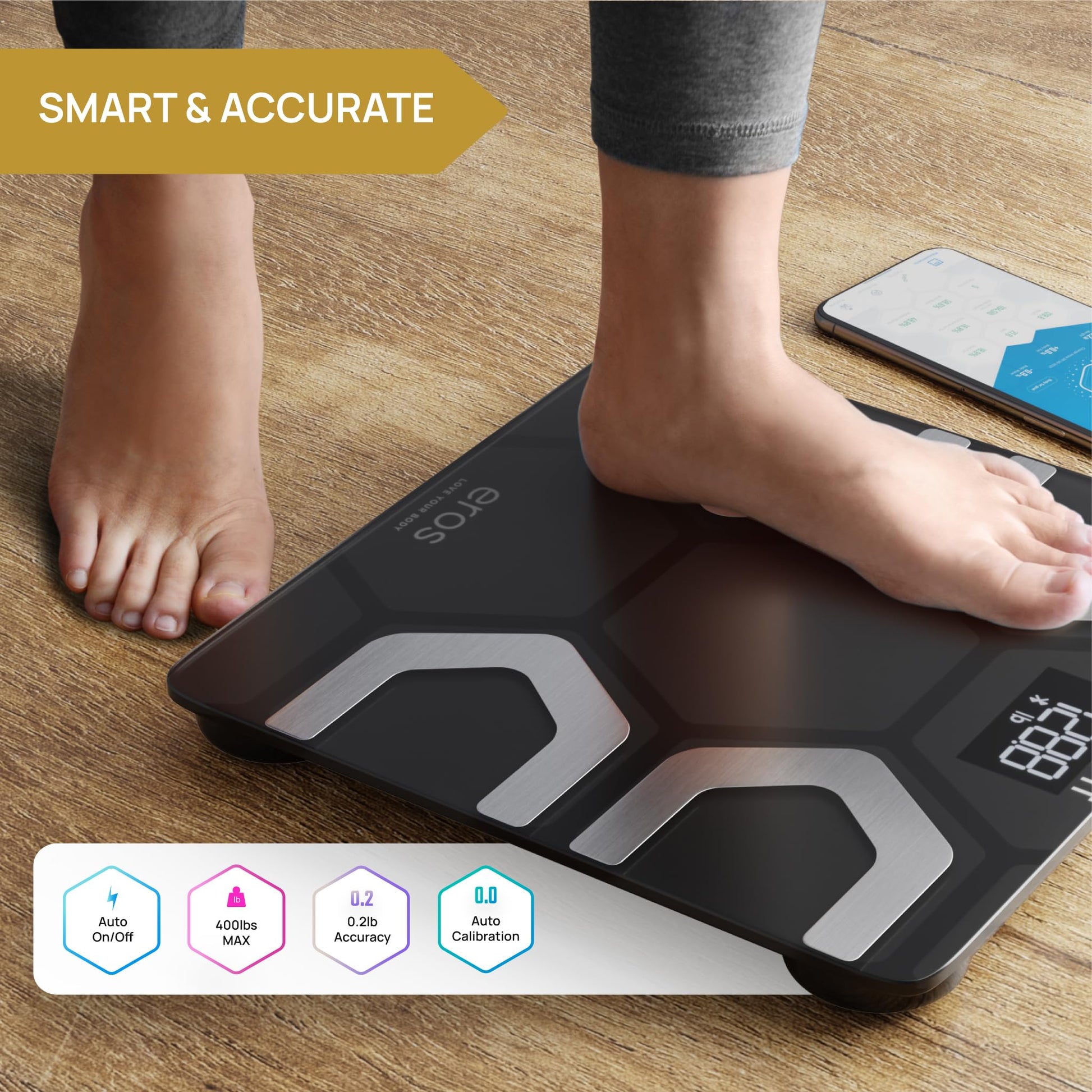 INEVIFIT EROS - Báscula digital de baño con Bluetooth y aplicación inalámbrica para smartphone (400 libras, 11,8 x 11,8 pulgadas), Negro, Large Platform 11.8"X11.8"