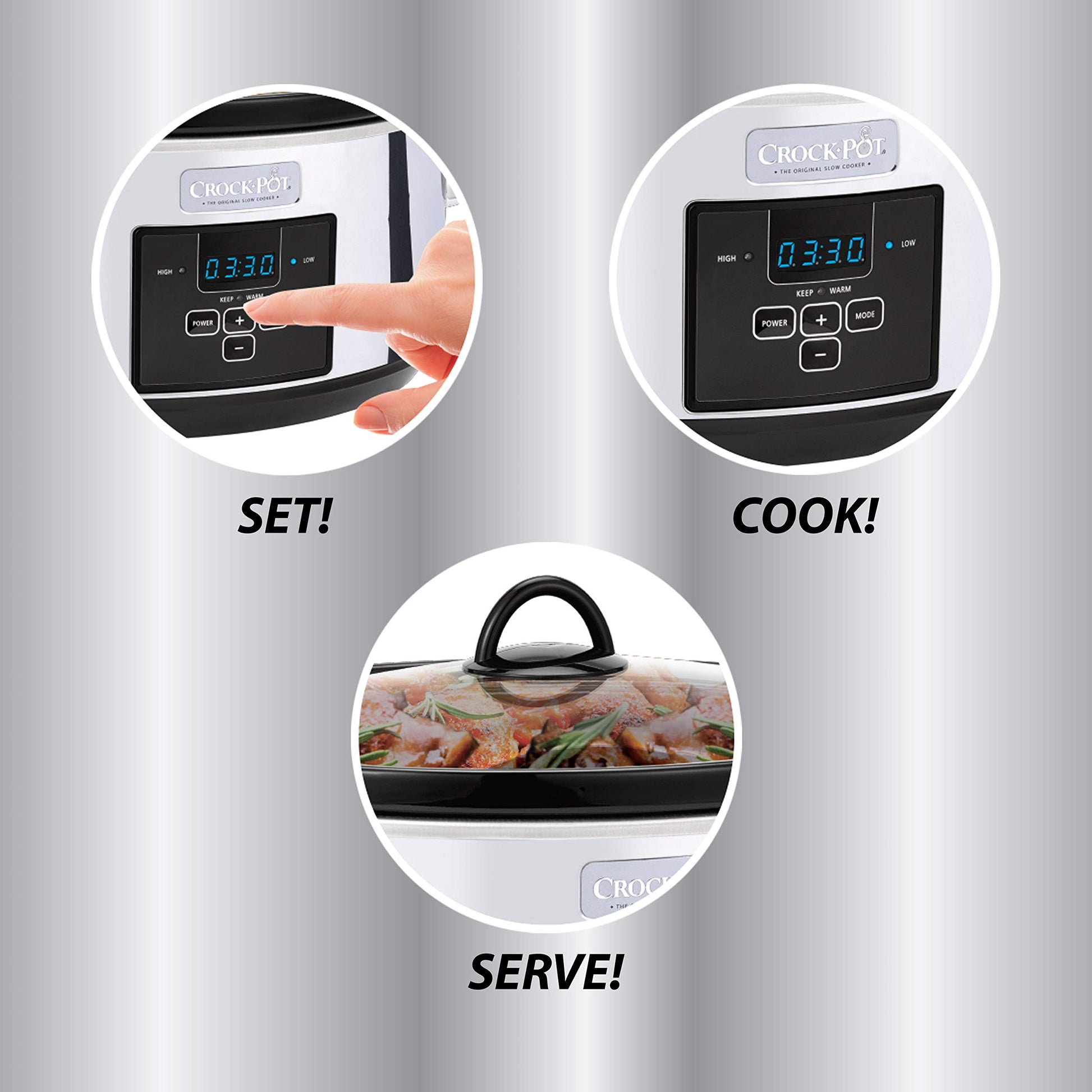 Crock-Pot - Olla de cocción lenta programable de 7 cuartos con temporizador digital, calentador de alimentos, platino pulido, perfecta para comidas diarias y entretenimiento