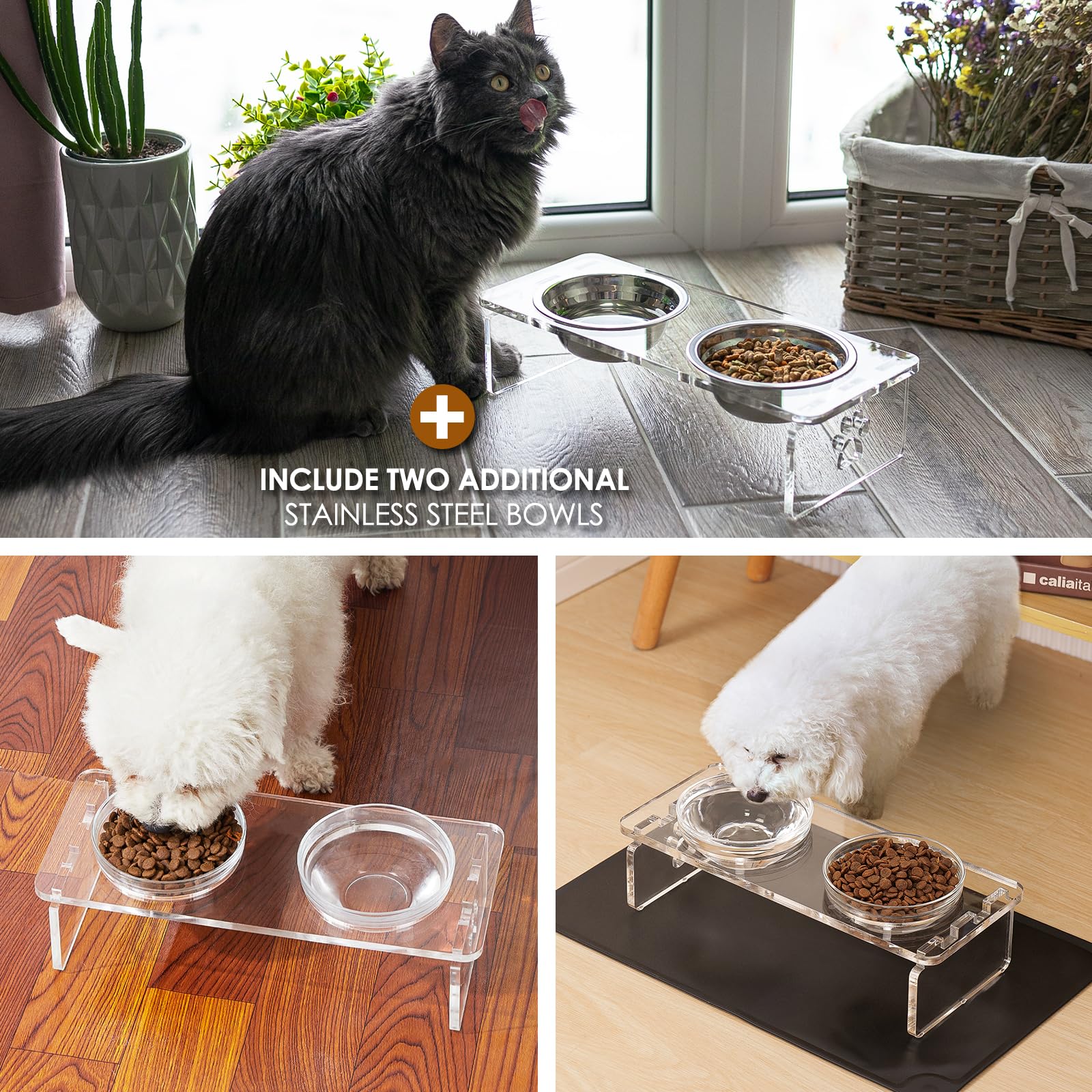 Juego de Cuencos Elevados Acrílico 9,5 cm para Mascotas Pequeñas Con Acero Inoxidable y Vidrio para Alimentos y Agua
