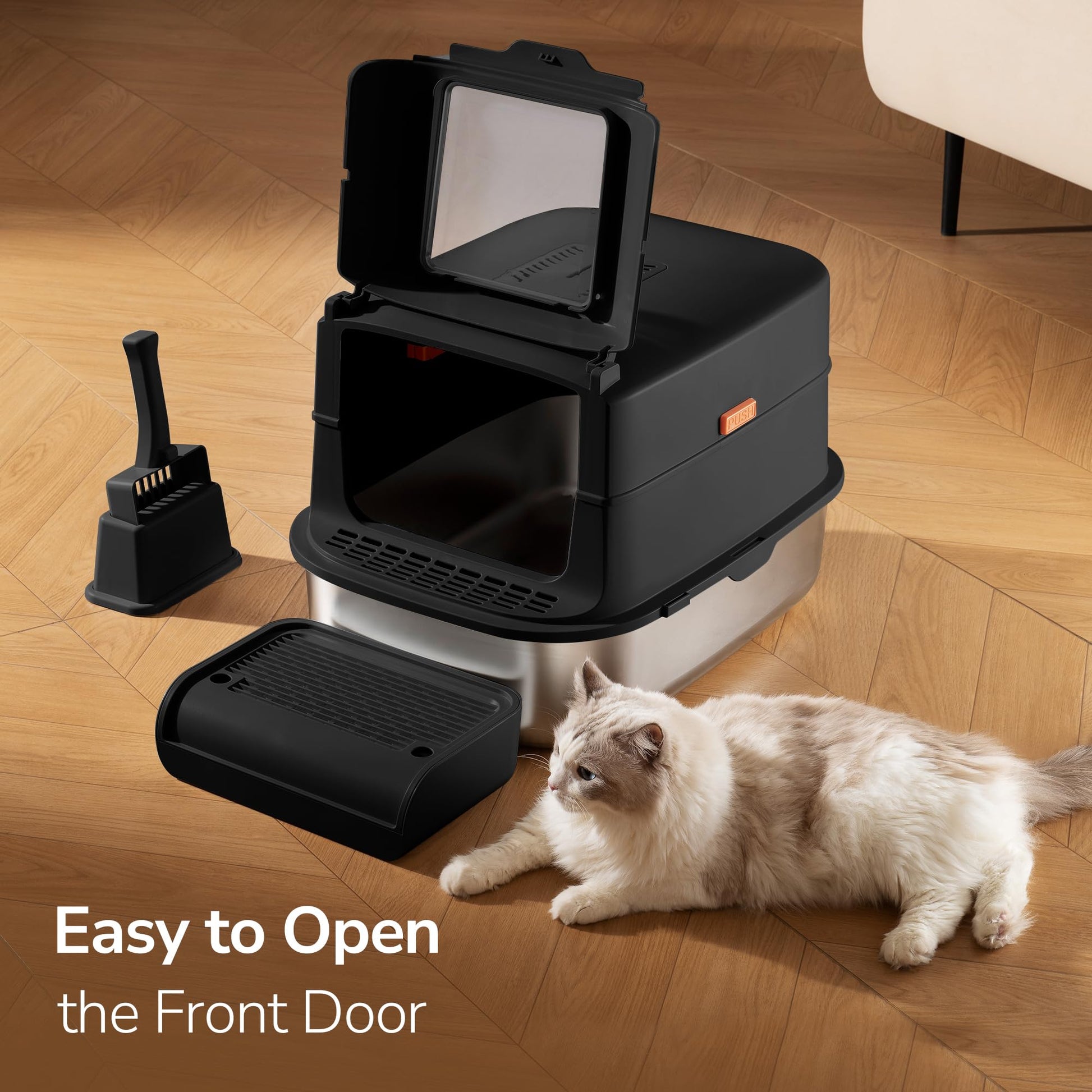 Aupures - Caja de arena de acero inoxidable con tapa – Caja de arena para gatos cubierta extraíble XL con solapa de puerta, caja de arena de metal extragrande con lados altos, cuchara de arena –