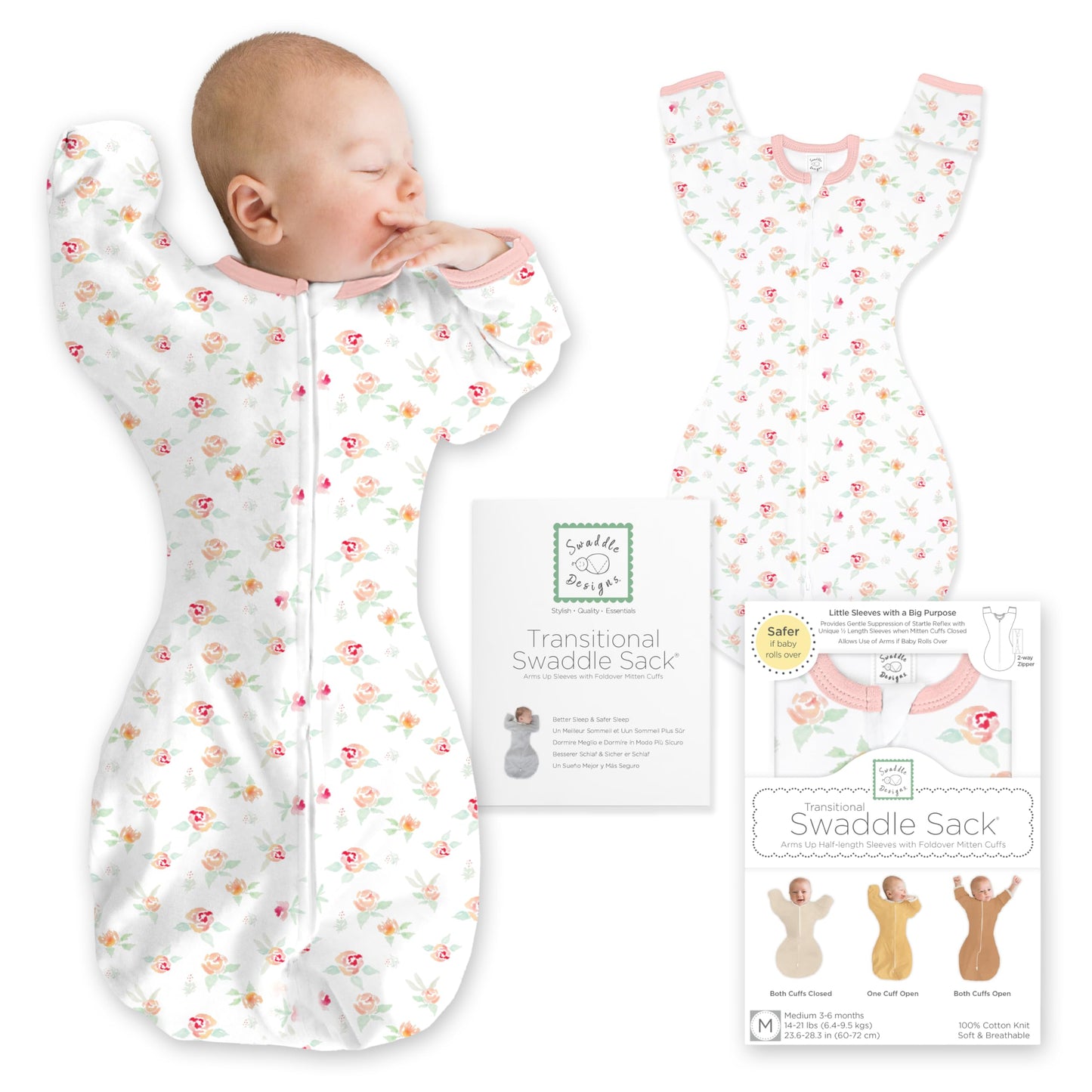 SwaddleDesigns - Saco de envolver de transición con brazos hasta medias mangas y puños de manopla, mediano, 3-6 meses, 14-20 libras, acuarela rosa melocotón floral (envoltura de brazos arriba, saco de
