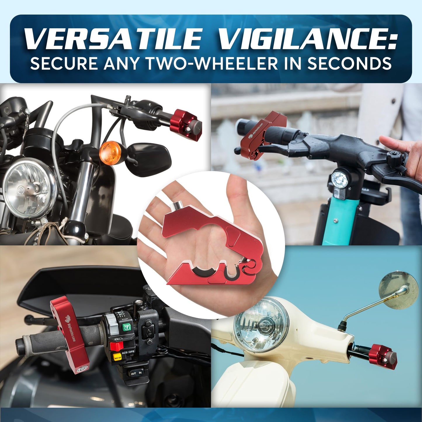 BigPantha - Bloqueo de Agarre para Motocicleta, Bloqueo de Freno/manubrio/Acelerador Resistente Que asegura tu Bicicleta, Scooter, ciclomotor o ATV en Menos de 5 Segundos - Candado antirrobo para