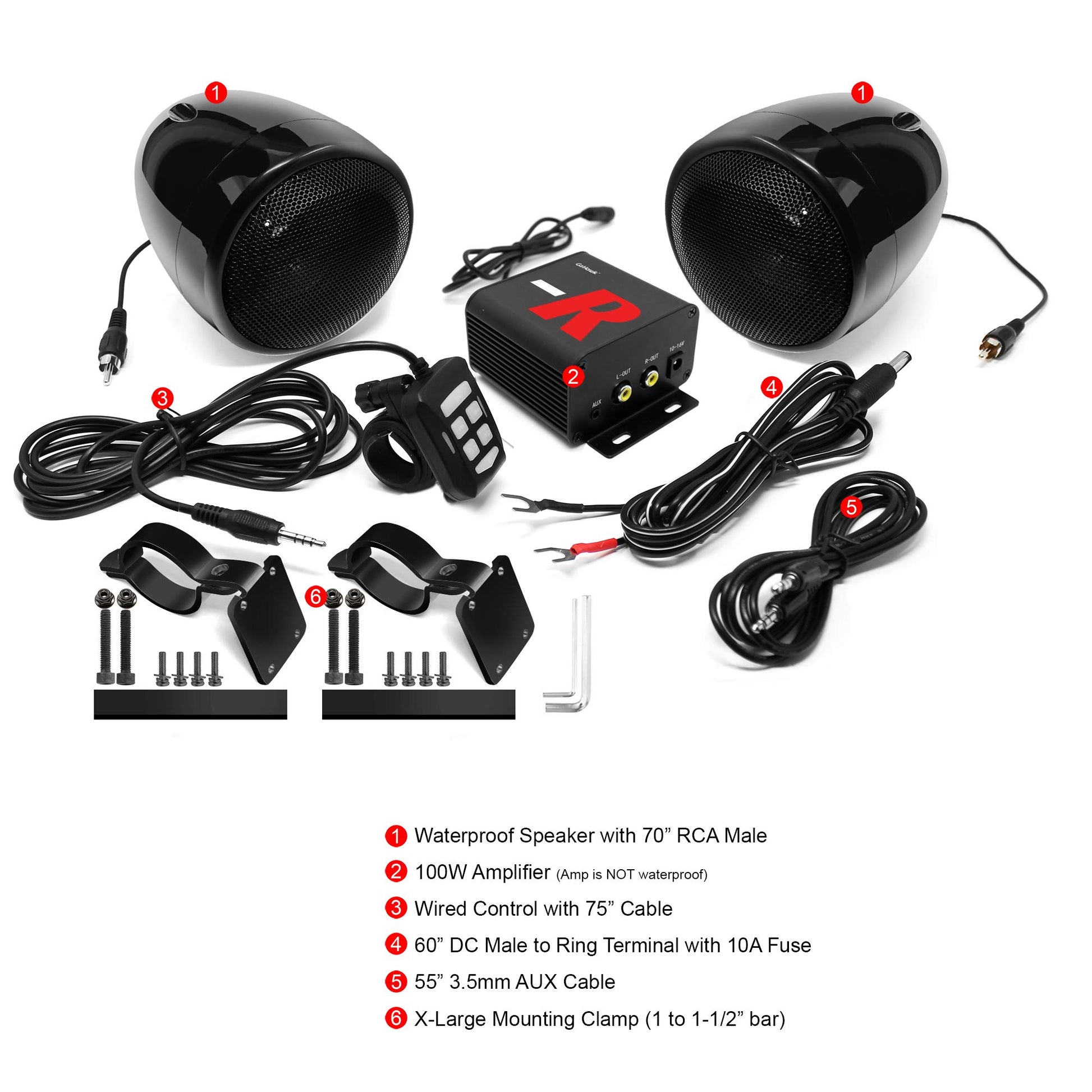GoHawk TN4-R - Amplificador de 10 cm, rango completo, impermeable, Bluetooth, bocinas estéreo para motocicleta, de 1 a 1.5 pulgadas (2.5 a 4 cm) Sistema de amplificador de audio para montaje en manubrio Harley Touring Cruiser ATV UTV RZR, AUX, Radio FM (T