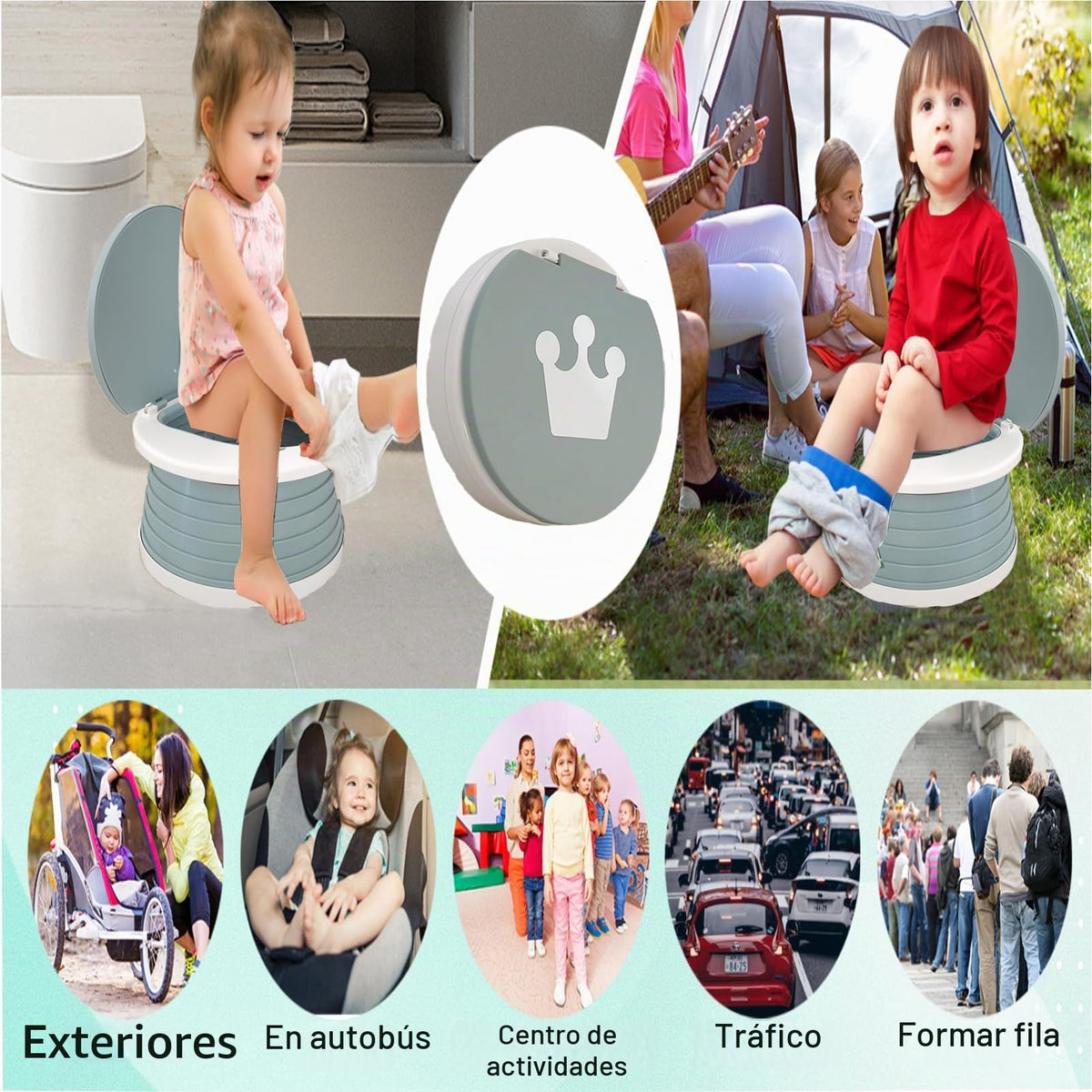 Orinal de viaje para niños pequeños, inodoro portátil y plegable, se aplica al asiento de emergencia para automóvil, campamento, al aire última intervensión, interior (gris, pequeño)