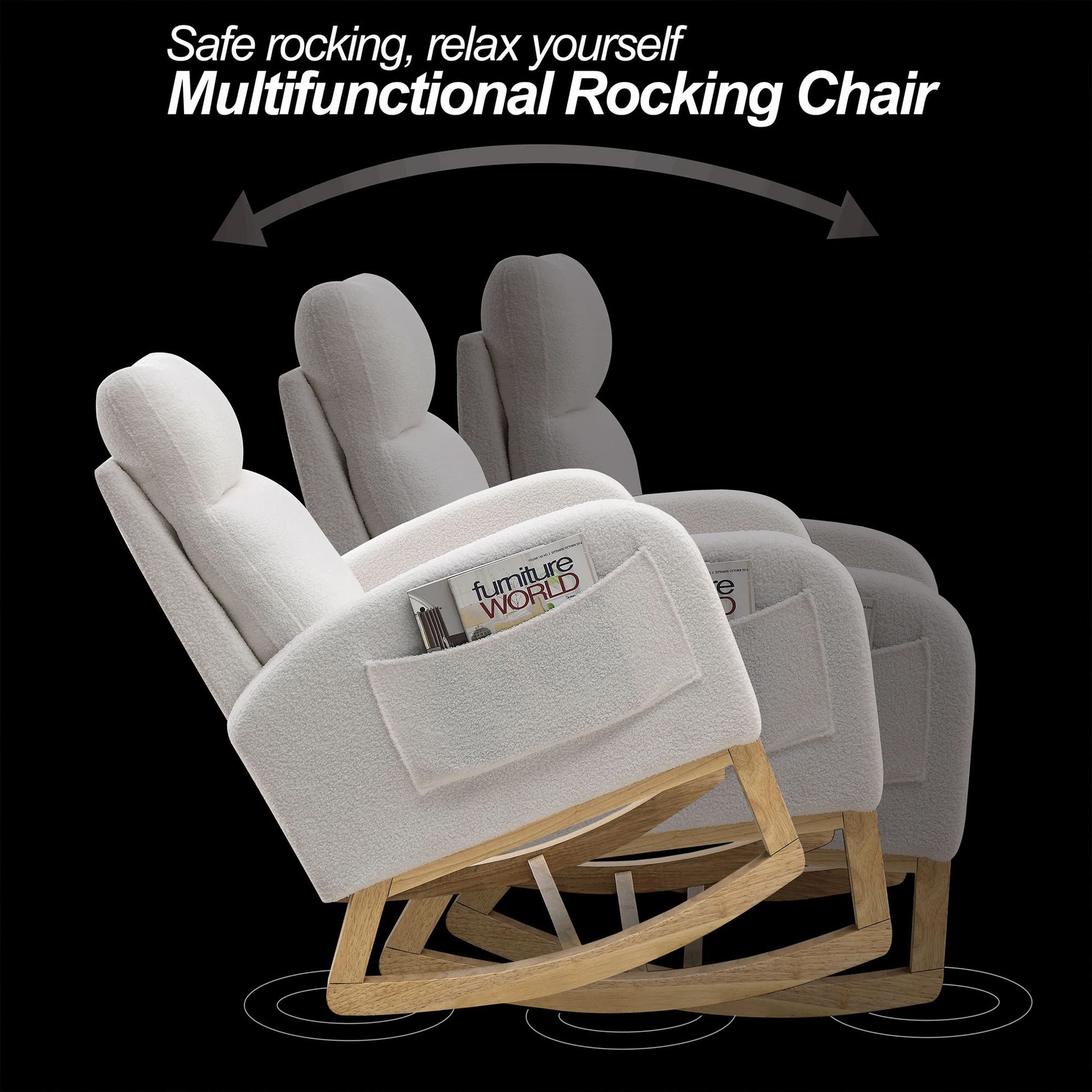 Krinana - Mecedora de guardería con patas de madera maciza, silla planeadora para guardería con dos bolsillos laterales, sillón basculante para sala de estar, recámara (blanco marfil, tela de peluche)