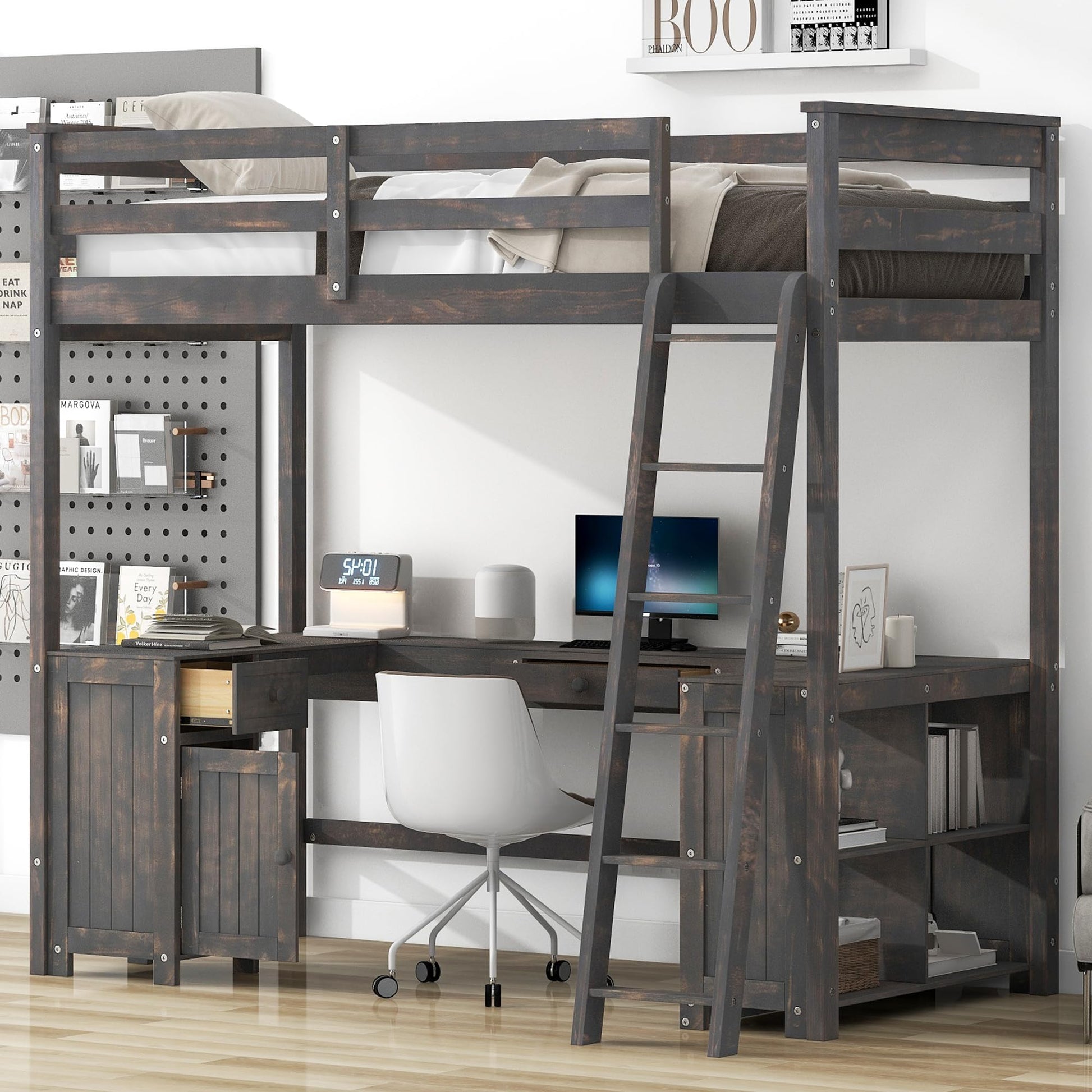 YOPTO - Cama Tipo Loft de tamaño Individual con 2 cajones y estantes de Almacenamiento, Marco de Cama de Madera con computadora en Forma de U y barandillas de Longitud Completa, Escalera, Muebles de