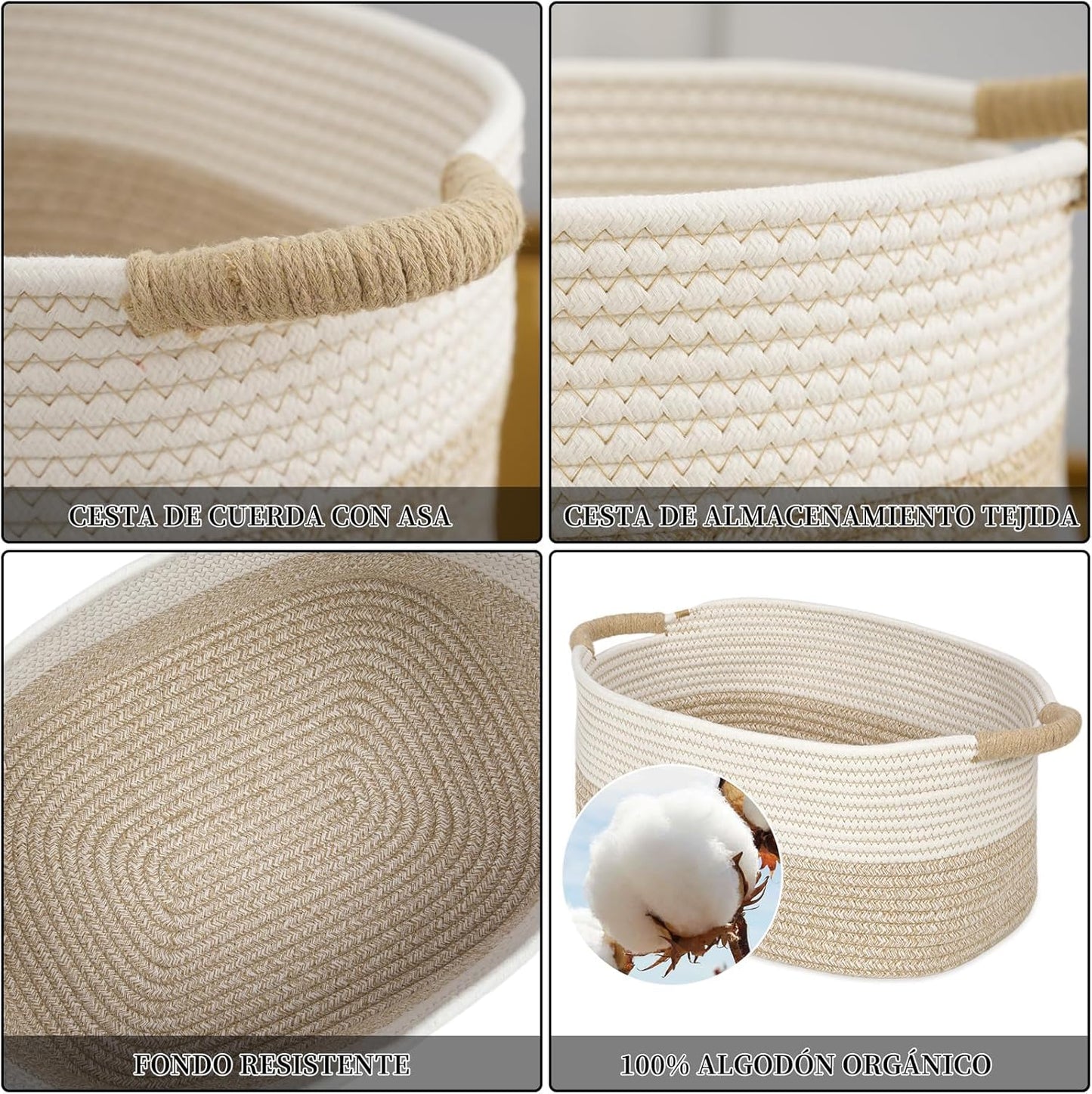 3 Canastas Organizadoras de Cuerda de Algodón Natural con Asas, Cestas Tejidas Multiusos para Ropa, Juguetes y Baño, Juego de 3 Tamaños, Decorativas para Dormitorio y Guardería (Caqui y Blanco)