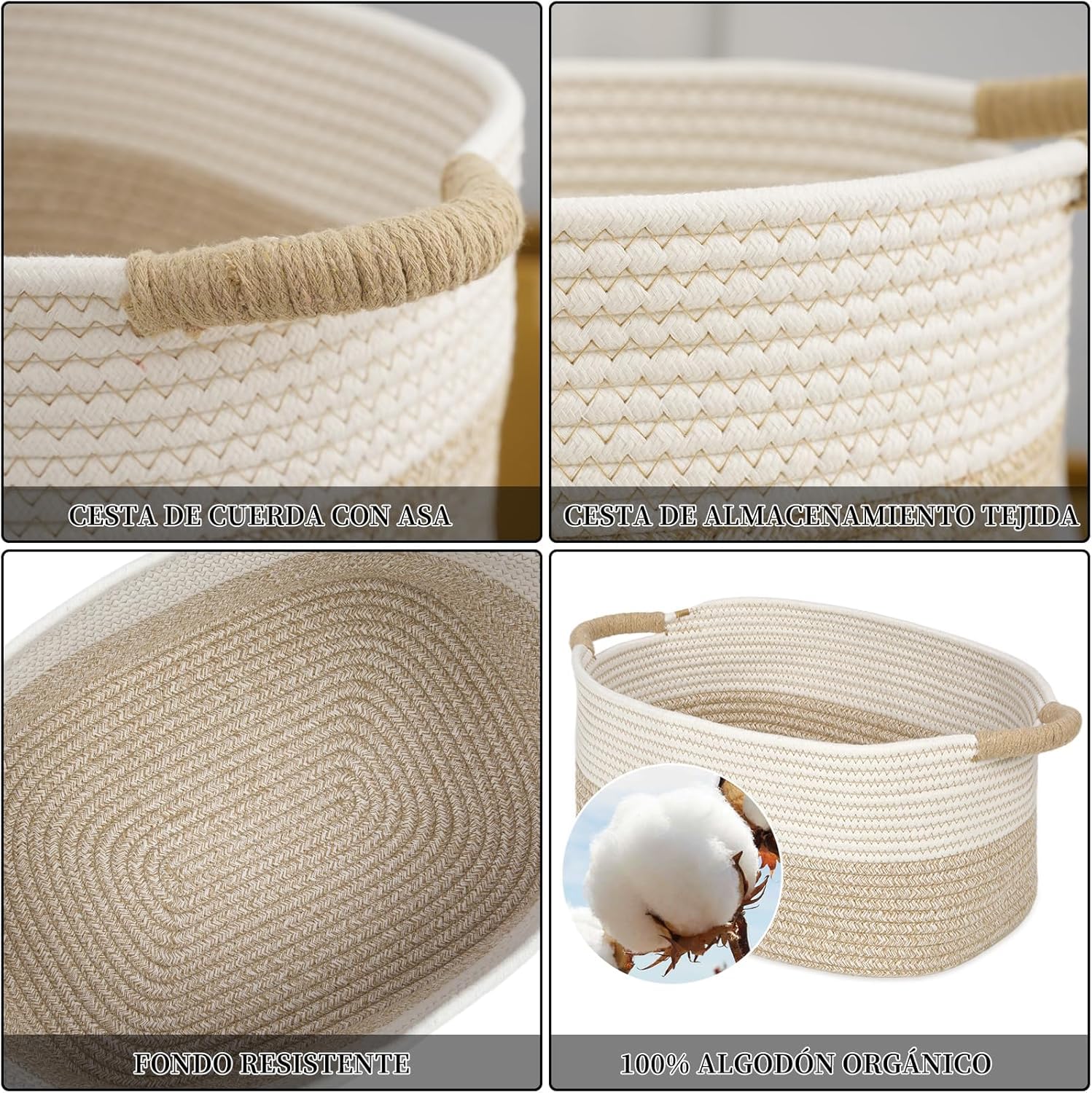 3 Canastas Organizadoras de Cuerda de Algodón Natural con Asas, Cestas Tejidas Multiusos para Ropa, Juguetes y Baño, Juego de 3 Tamaños, Decorativas para Dormitorio y Guardería (Caqui y Blanco)