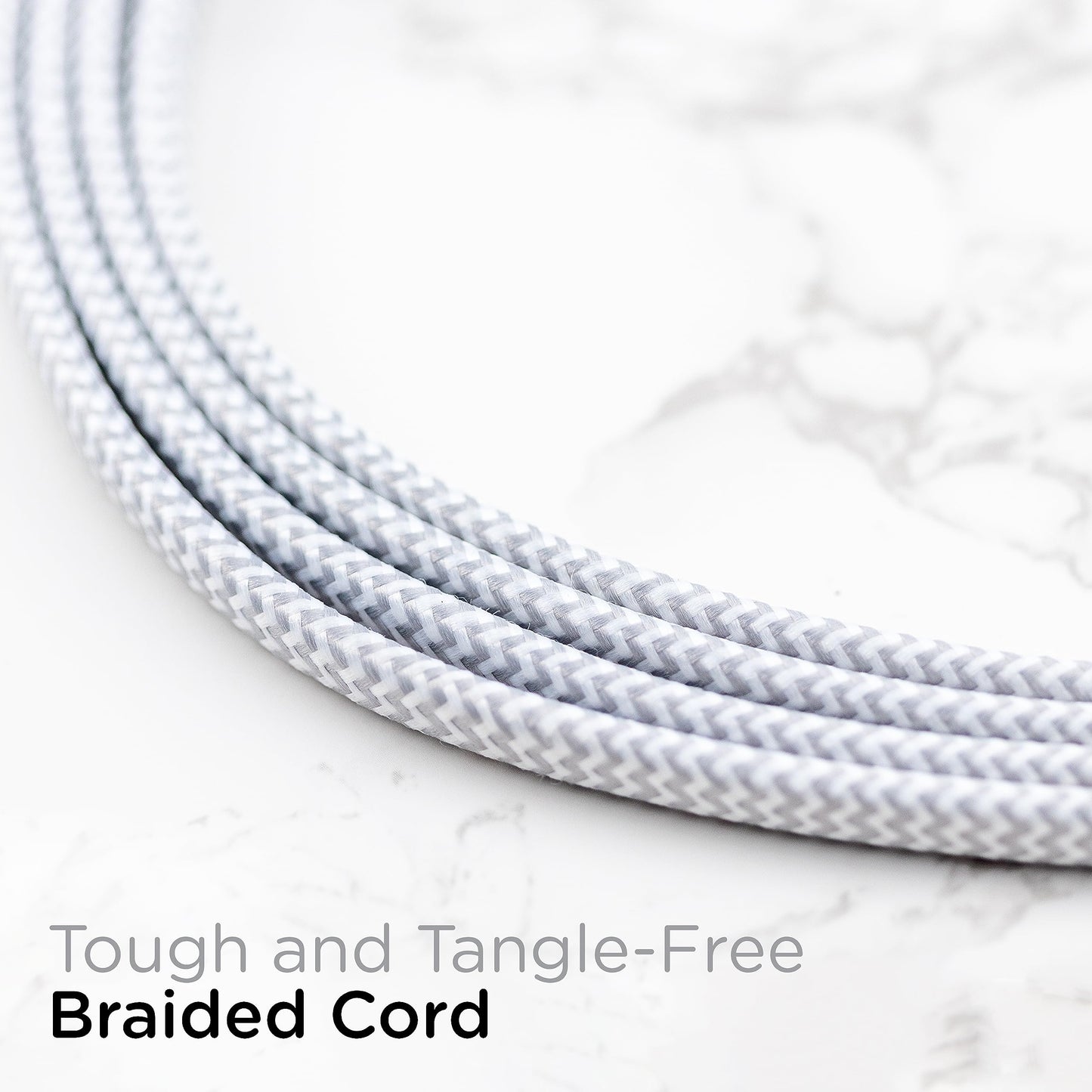 Cordinate Designer, Extension Electrica de 3 salidas polarizadas, Cable Trenzado de 2.4 m (8 pies), Sistema de Seguridad para Trabar, Enchufe Plano, Certificacion ETL Blanco/Gris 1 paquete ‎39980