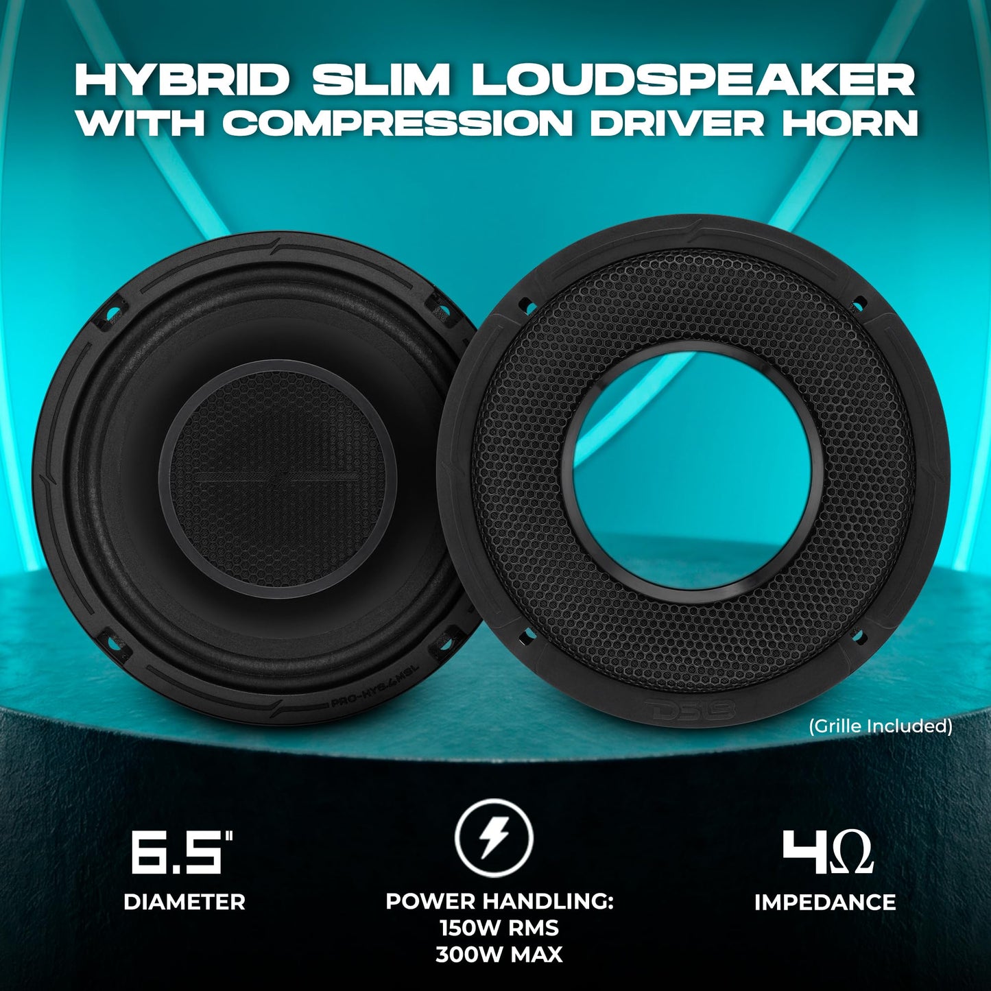 DS18 Pro-HY6.4MSL - Altavoz de Audio híbrido de Rango Medio para Coche de 6.5 Pulgadas con Driver Integrado y Parrilla incluidos, 300 W máximo 150 W RMS 4 ohmios (1 Altavoz)