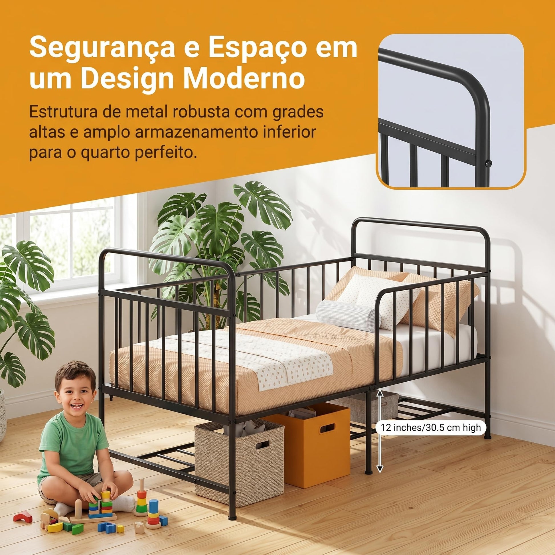 Uzelia Cuna Convertible para Bebé 4 en 1, Cuna para Bebé de Metal con Barandales de Seguridad, Cama Infantil, Daybed y Sofá para Niños, Estructura Resistente con Almacenamiento Inferior, Negro