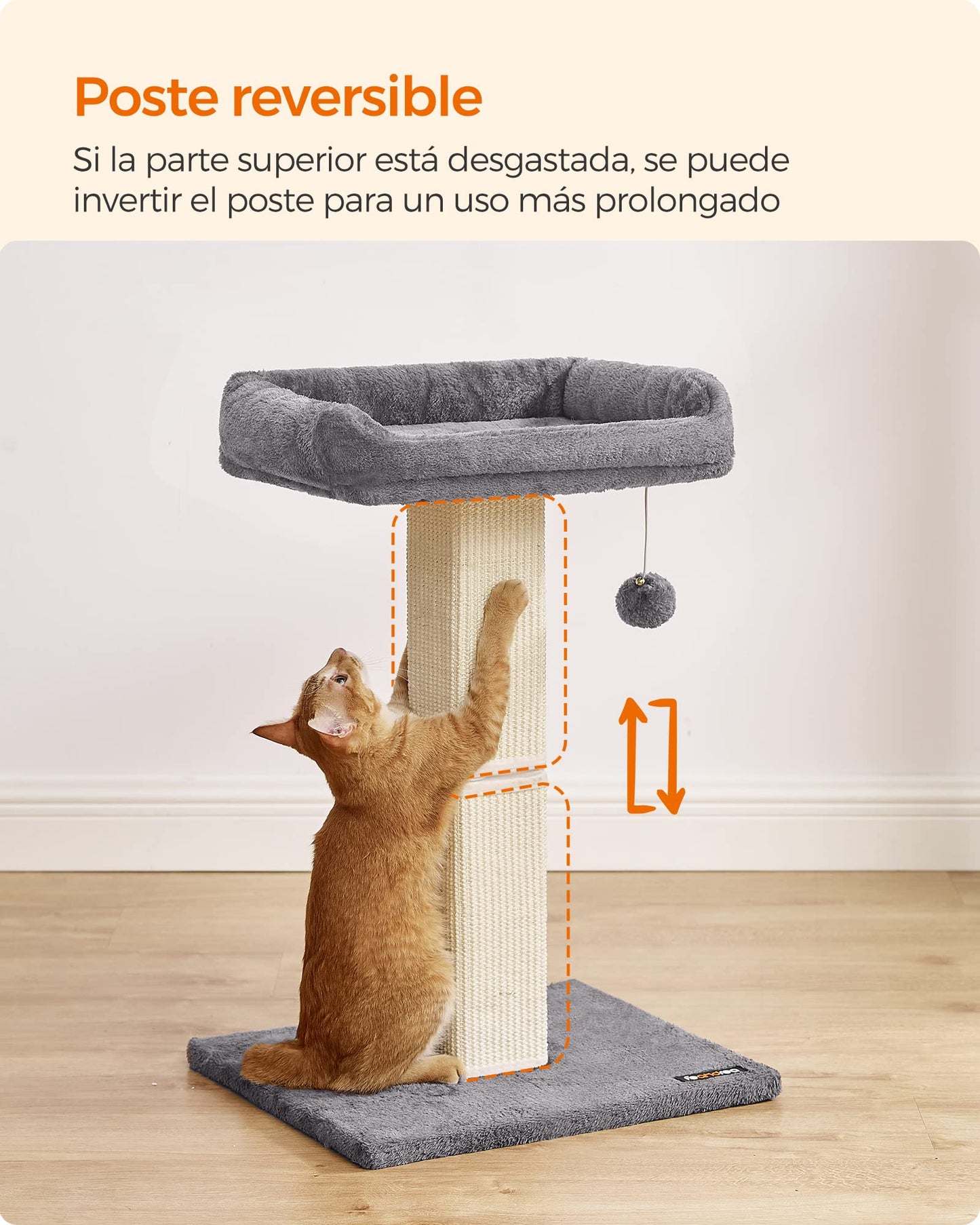 Feandrea Rascador para Gatos, Árbol para Gatos, Altura de 68 cm, Poste de Rascado con Plataforma, Poste de Sisal, con Pompón, Gris Claro MPCA022W01