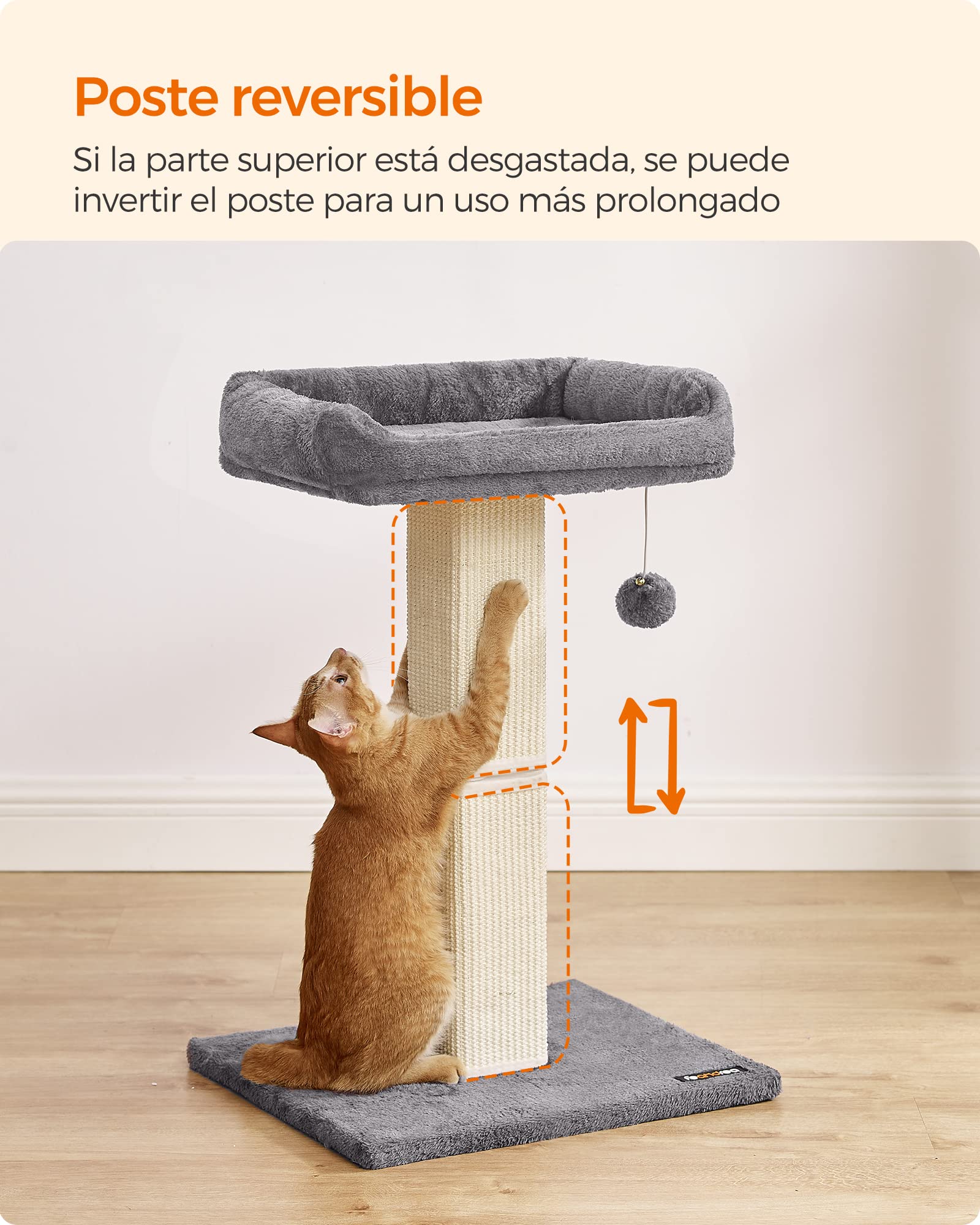 Feandrea Rascador para Gatos, Árbol para Gatos, Altura de 68 cm, Poste de Rascado con Plataforma, Poste de Sisal, con Pompón, Gris Claro MPCA022W01