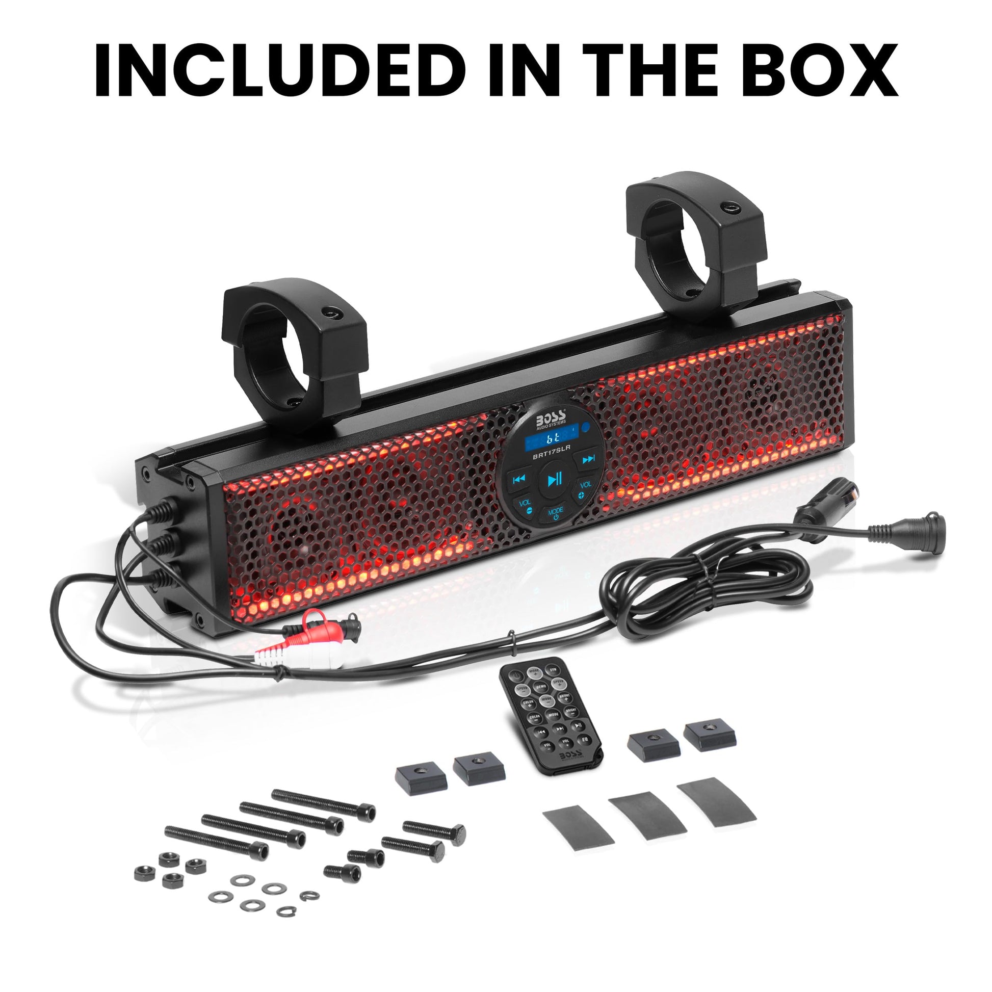 BOSS Audio Systems BRT17SLR - Barra de Sonido para ATV UTV, 17 Pulgadas de Ancho, Altavoces de 3 Pulgadas, tweeters de 1 Pulgada, Rango Completo, IPX5 Resistente a la Intemperie, Bluetooth