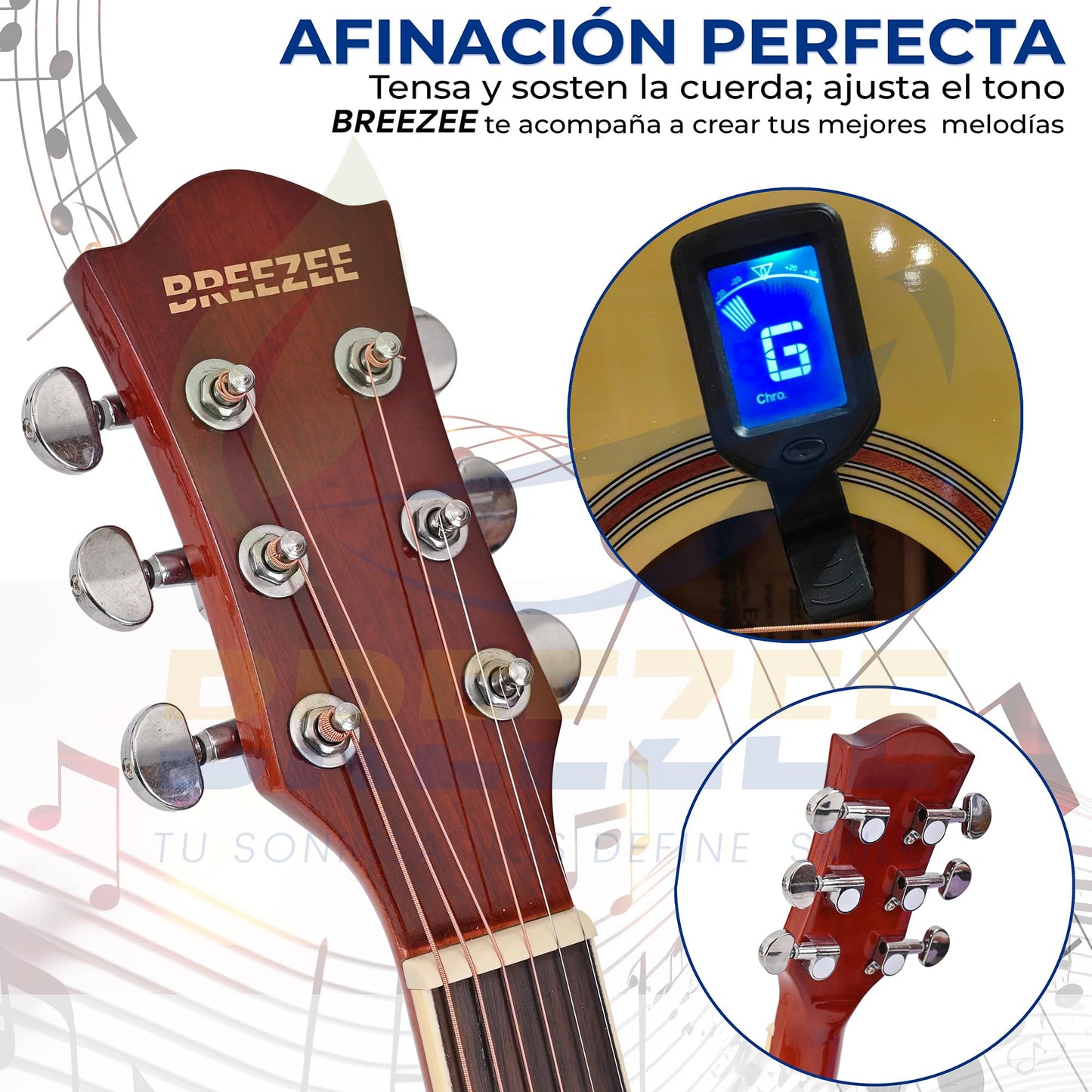 BREEZEE Guitarra Electroacústica de 40” Diseñada sobre Abeto, Merbau, Okume y Palisandro. Acabado de Barniz en Pulverización, Incluye Set de Accesorios Completo para Principiante