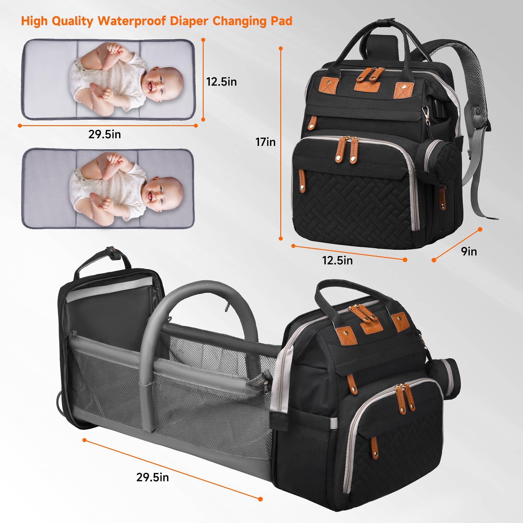 AHNTTGS - Bolsa para pañales con cambiador, Upgrade-black-2, Grande