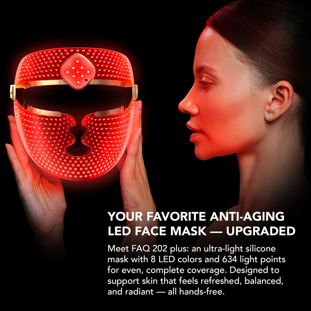 FAQ 202 Plus Mascara LED Facial Antiedad Avanzada de 8 Colores – Luz Roja e Infrarroja Cercana – Máscara Inalámbrica con 634 Puntos de Luz para Luminosidad, Firmeza y Cuidado Facial Completo