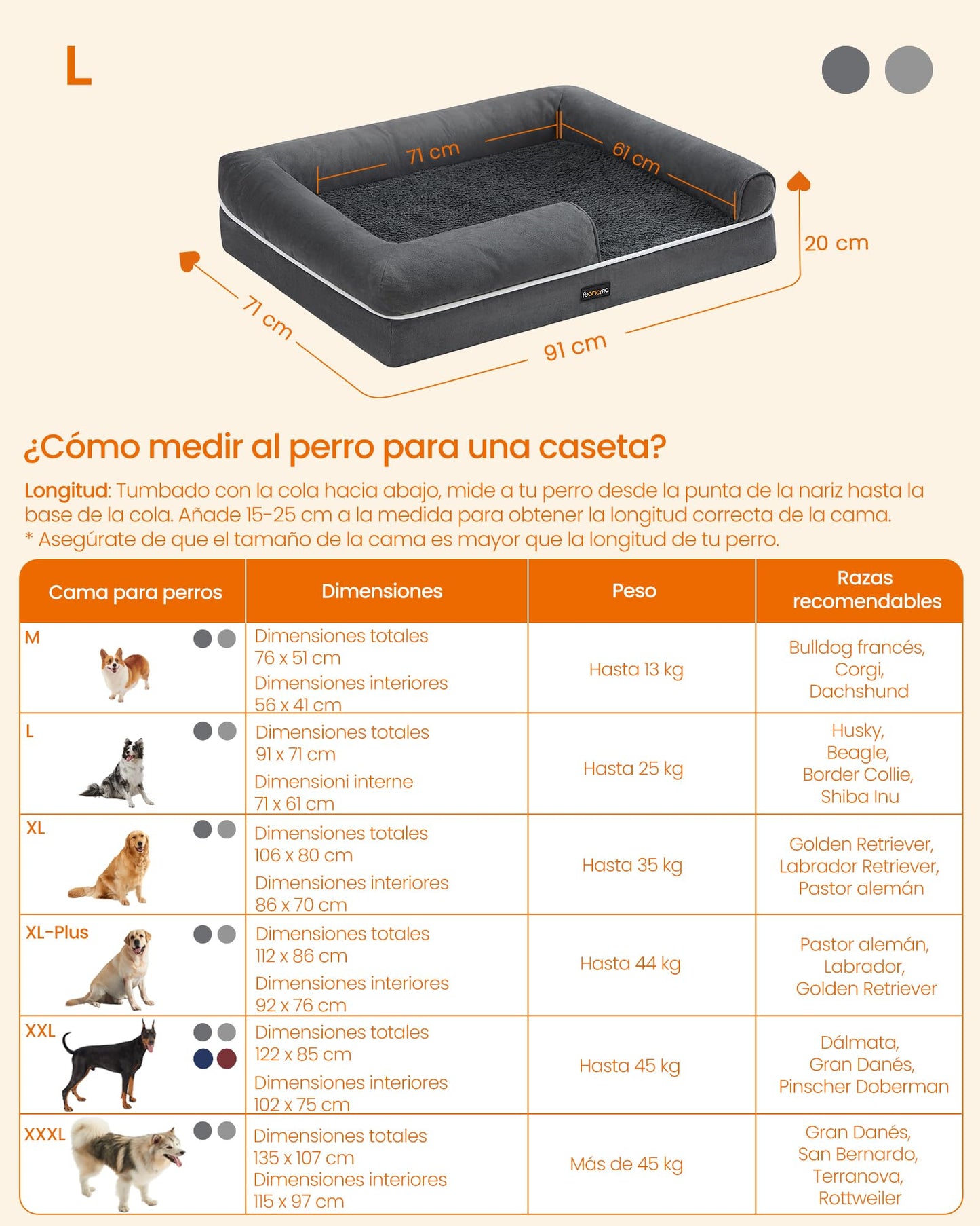 Cama Ortopédica para Perros Feandrea Gris Oscuro con Funda Extraíble Lavable