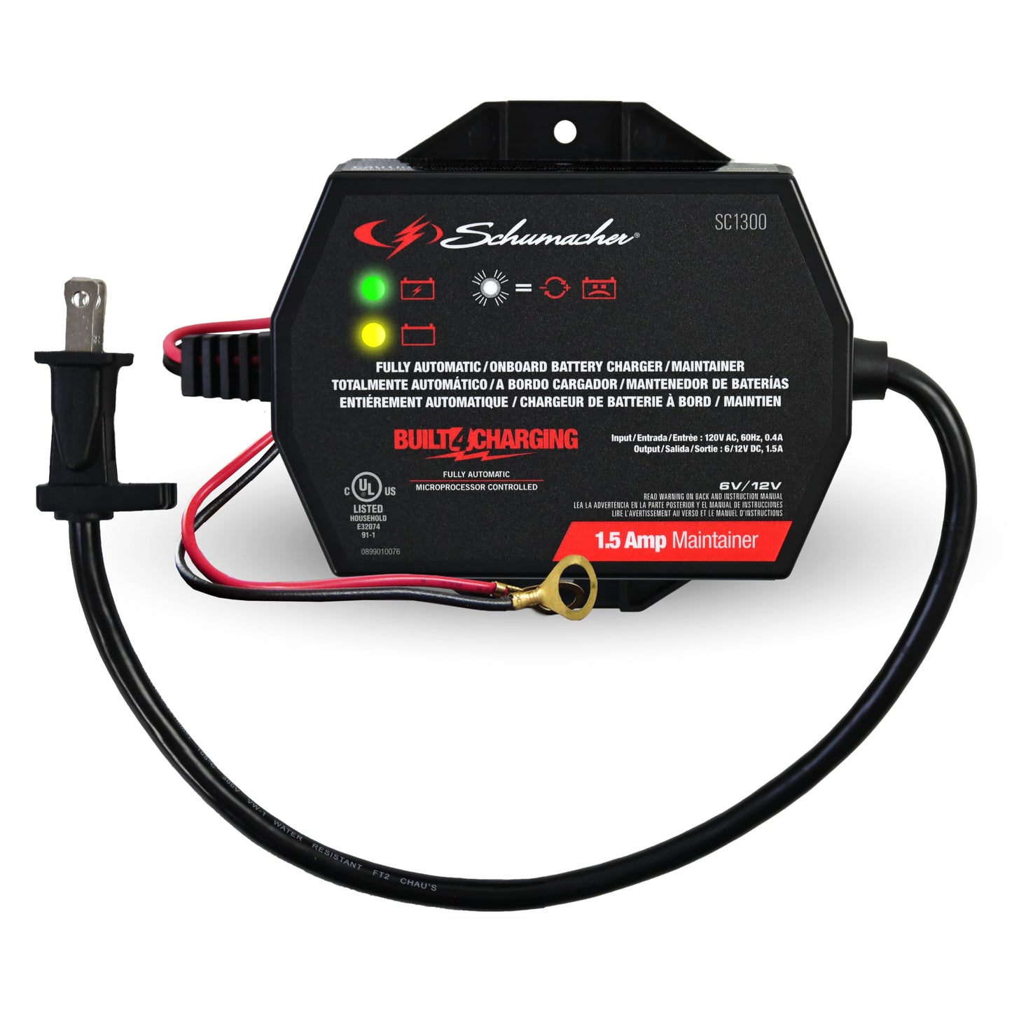 Schumacher SC1300 Cargador y mantenedor de batería completamente automático de montaje directo debajo del capó con detección de batería – 1.5 amperios, 6 V/12 V – para coches, motocicletas, tractores de césped, deportes eléctricos