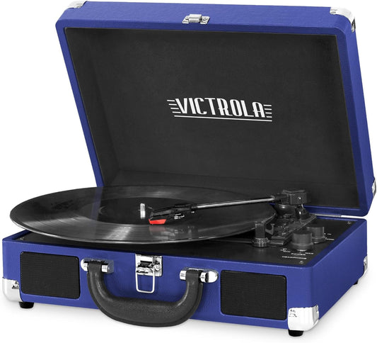 Innovative Technology Victrola Journey Bluetooth Portable Suitcase Record Player – with Built-in Speakers, 3 Speed Vinyl Record Player, RCA out, Headphone Jack, Cobalt Blue
