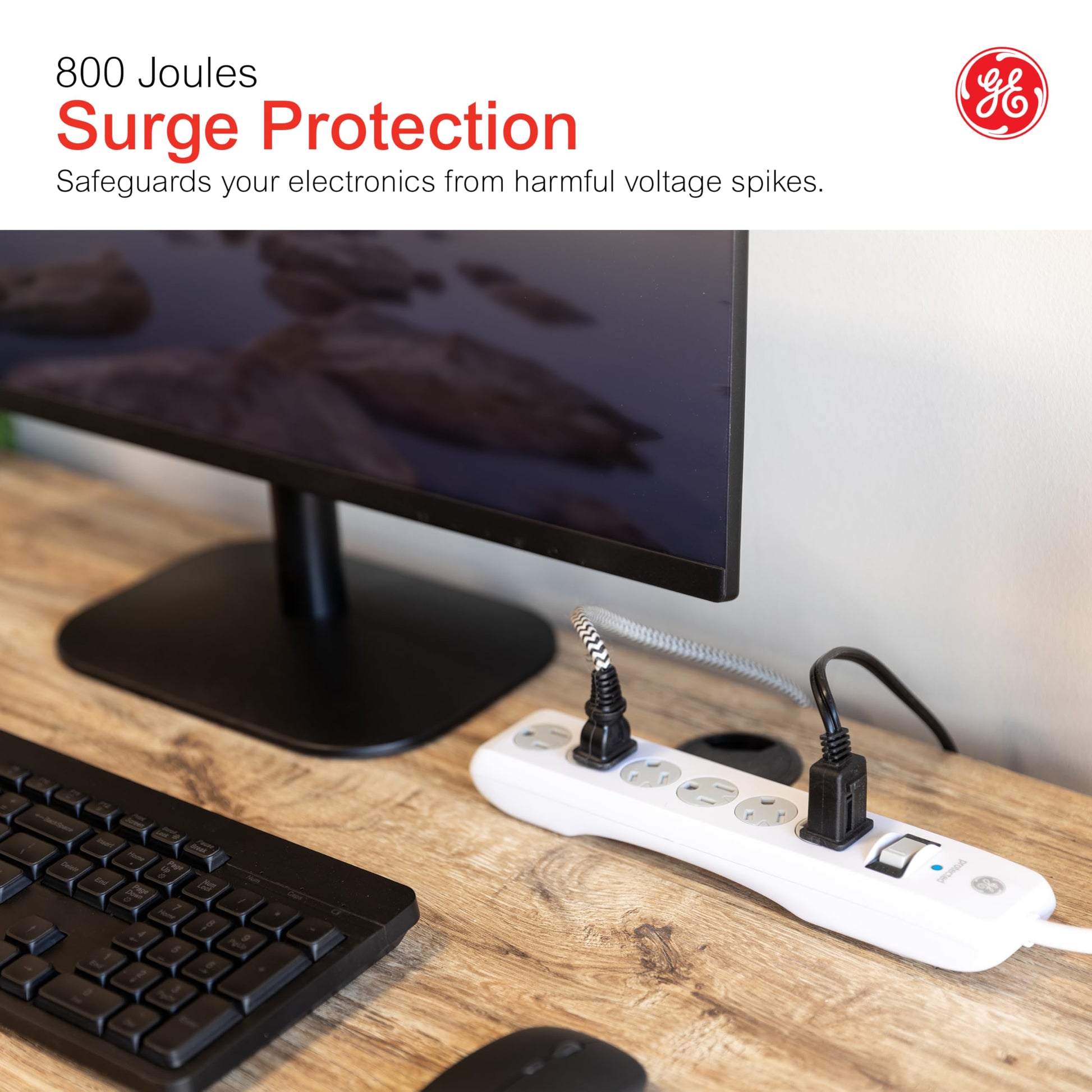 GE Tira Multicontactos De 6 Salidas Con Supresor De Picos Y Enchufe Plano, Cable De Extensión De 3.0 Metros (10 Pies),800 Julios, Cubiertas De Seguridad Con Giro Para Cerrar,Blanco,2 Unidades, 46862-1