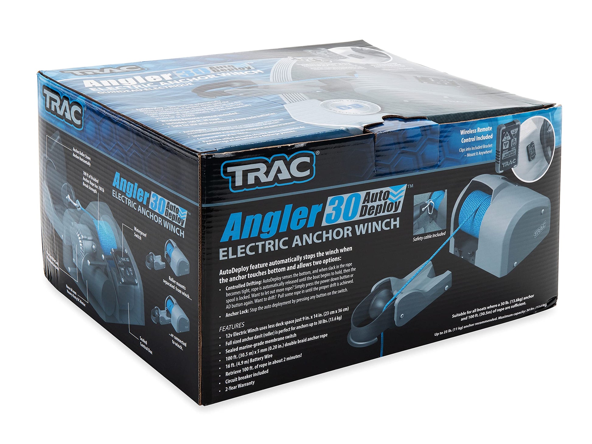 Trac - Outdoor Products Angler 30 AutoDeploy-G3 - Cabrestante de Anclaje eléctrico - Anclajes de hasta 30 Libras. - Incluye 100 pies de Cuerda de Anclaje preenrollada con Uso (69004), Gris, Normal