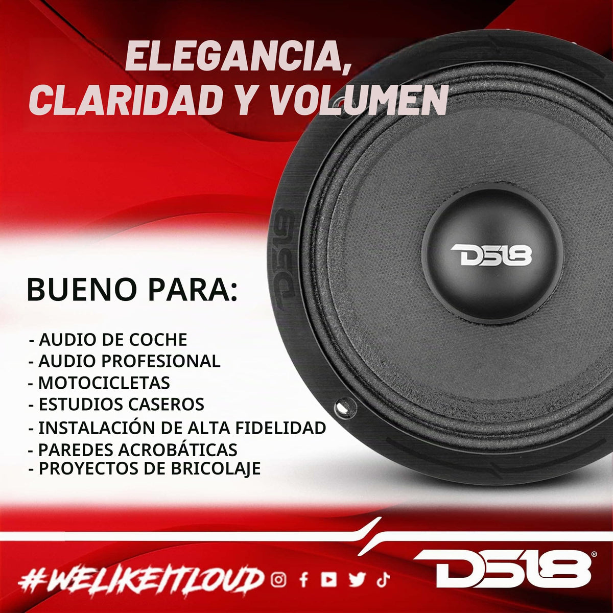 Altavoz de Audio de Coche DS18 PRO-ZXI6M Rojo 6.5 Pulgadas 600 W 8 Ohmios de Alta Calidad para Sistema de Sonido estéreo