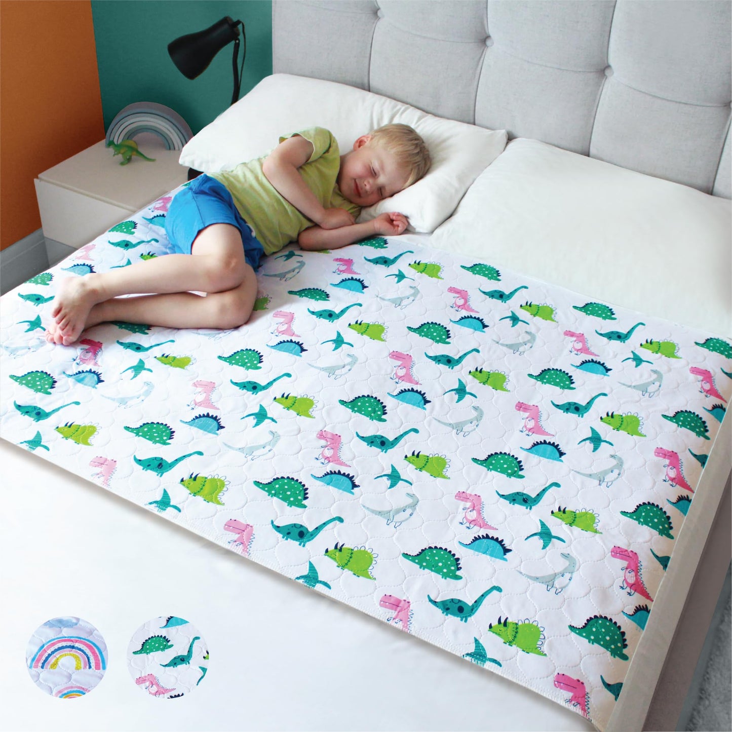Hygge Supplies - Sábanas impermeables para entrenamiento de orejas, tamaño matrimonial/matrimonial, antideslizantes y fáciles de cambiar, incluye libro electrónico gratuito para niños, dinosaurio