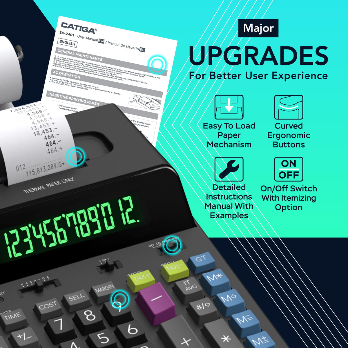 CATIGA SP-2401 - Calculadora de impresión térmica de 12 dígitos con cinta de impresión, máquina de adición sin tinta, 5 veces más rápida bastante a 8.0 LPS, visualización fluorescente extragrande