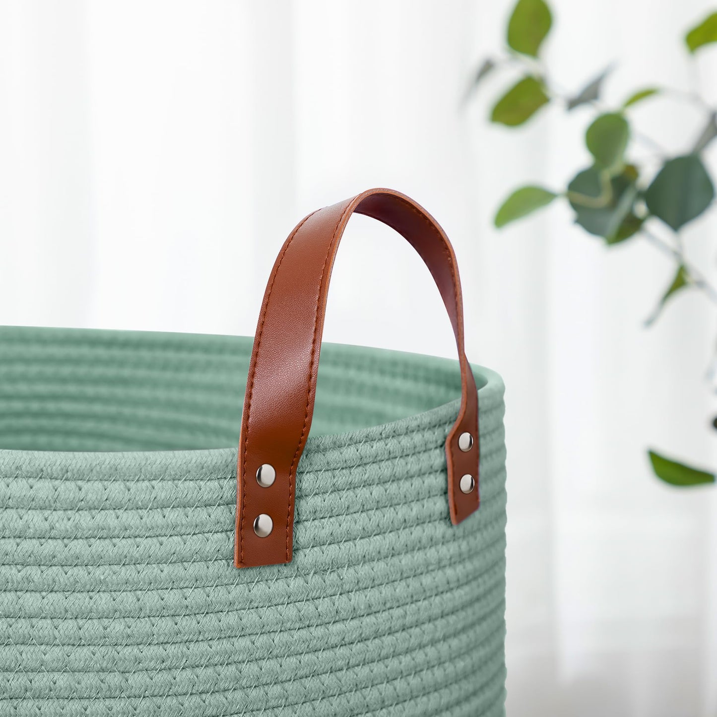 Wymulot - Cesta grande de cuerda de 80 l, cesta de almacenamiento de cuerda tejida con asas de piel, cesta de almacenamiento de juguetes para perros, recámara, almacenamiento de manta de guardería,