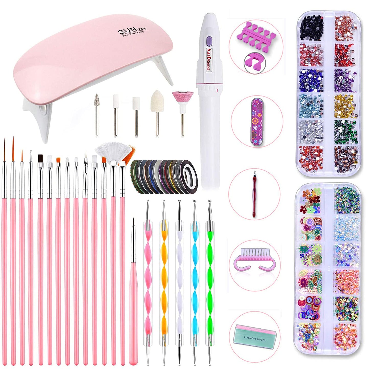 Kit de Herramientas para DIY Decoración de Uñas - Conjunto de Arte de Uñas con Mini 6W LED Lámpara Uñas UV | 15 Pinceles de Pintura | 5 Herramientas de Punteado | 2 Cajas de Diamantes de Imitación | 10 Cintas de Rayas | Lima de Uñas | Cepillo de Limpieza