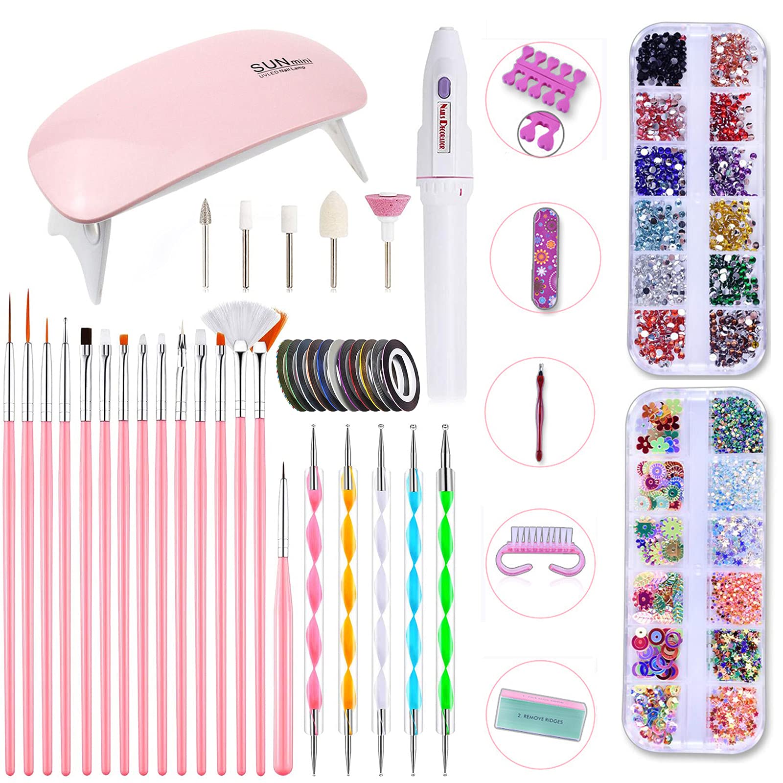 Kit de Herramientas para DIY Decoración de Uñas - Conjunto de Arte de Uñas con Mini 6W LED Lámpara Uñas UV | 15 Pinceles de Pintura | 5 Herramientas de Punteado | 2 Cajas de Diamantes de Imitación | 10 Cintas de Rayas | Lima de Uñas | Cepillo de Limpieza
