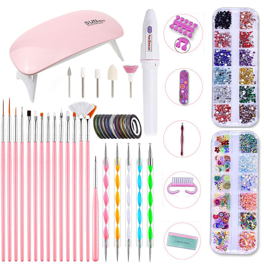 Kit de Herramientas para DIY Decoración de Uñas - Conjunto de Arte de Uñas con Mini 6W LED Lámpara Uñas UV | 15 Pinceles de Pintura | 5 Herramientas de Punteado | 2 Cajas de Diamantes de Imitación | 10 Cintas de Rayas | Lima de Uñas | Cepillo de Limpieza