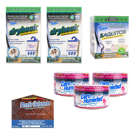 Cero Humedad | Paquete 2 | Incluye 2 Dry Hook de 450 grs. + 3 Deshumidificadores con aroma de 400 gr. + 1 Deshumidificador Saquitos + 1 Refrikleen Gratis.