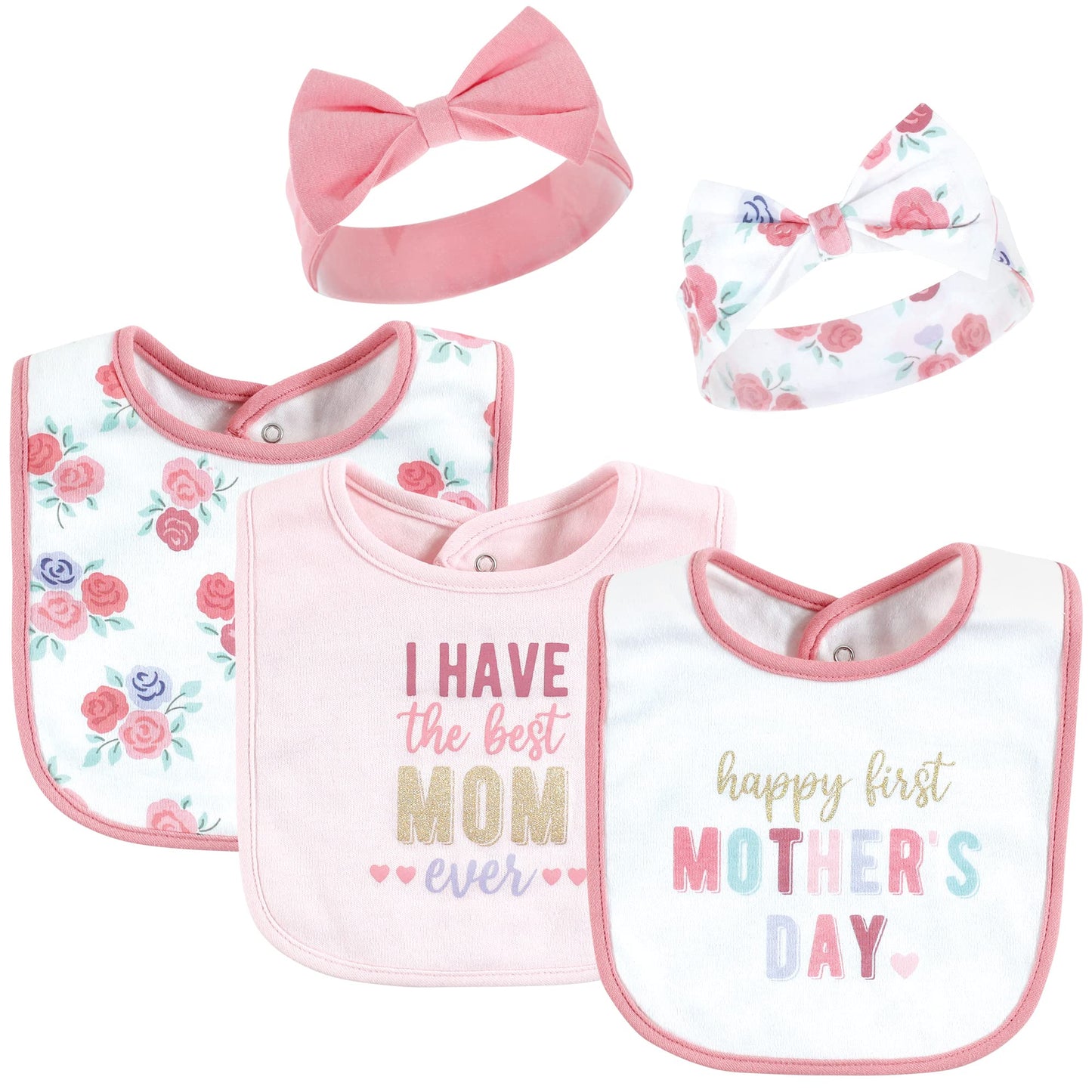 Hudson Baby Conjunto de babero y diadema de algodón para niña, día de la madre, 0-9 meses