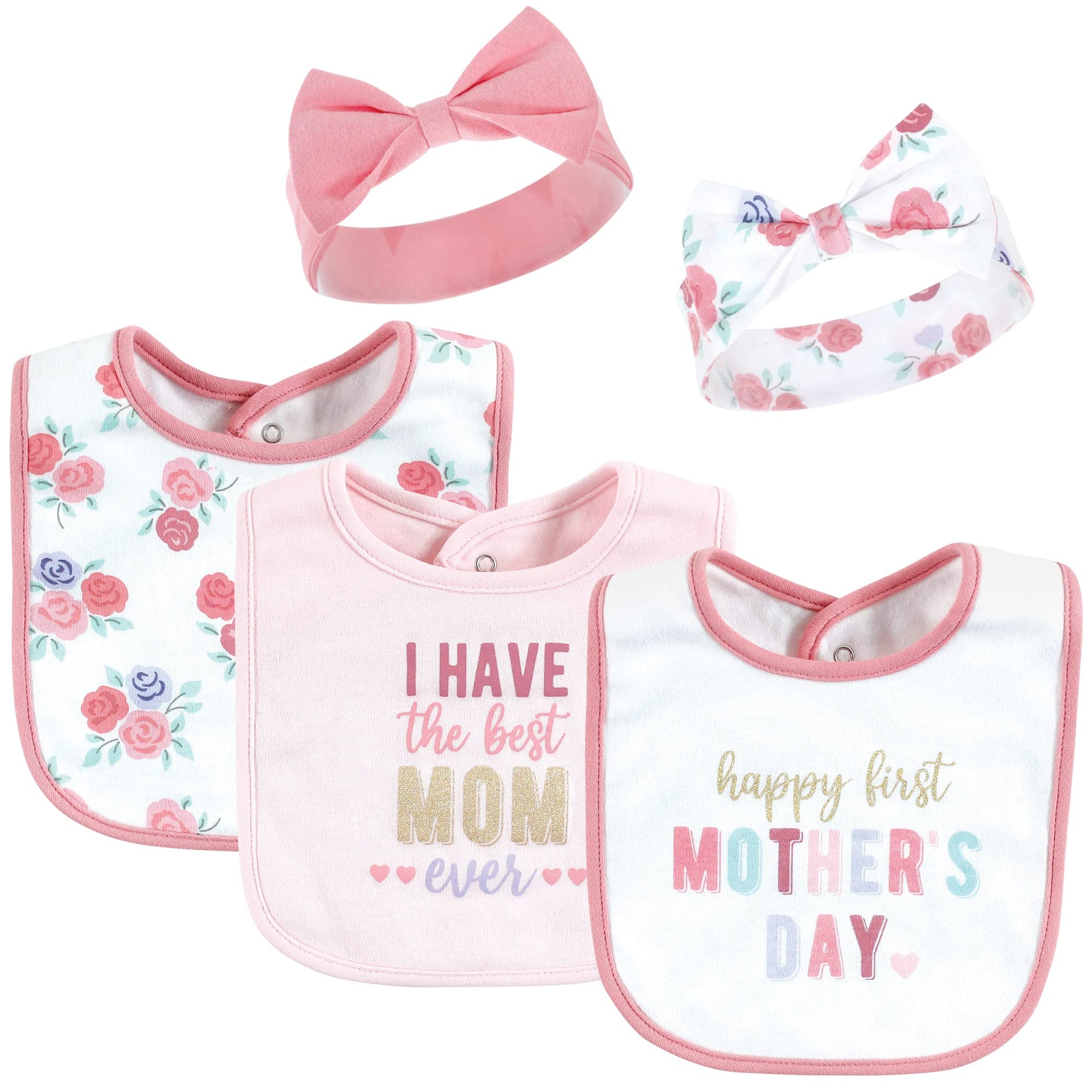 Hudson Baby Conjunto de babero y diadema de algodón para niña, día de la madre, 0-9 meses
