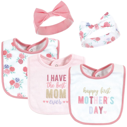 Hudson Baby Conjunto de babero y diadema de algodón para niña, día de la madre, 0-9 meses