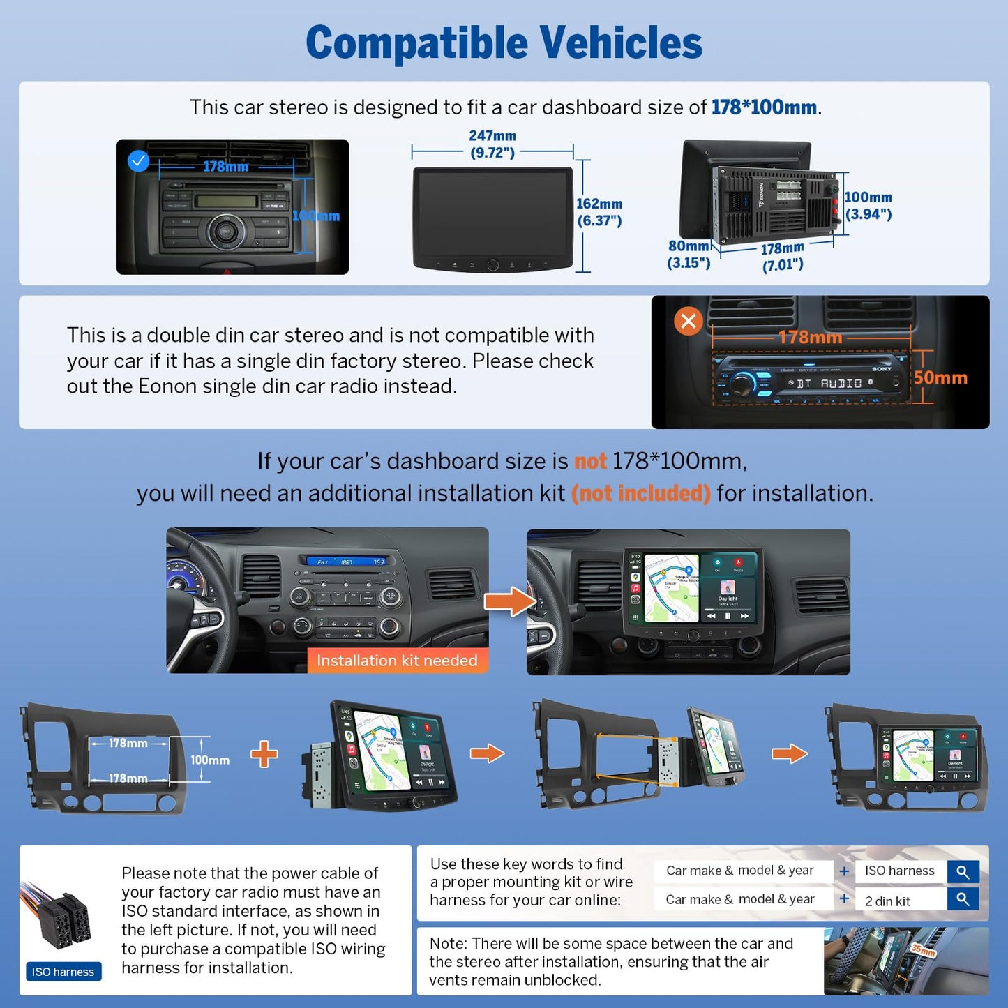 Eonon 6GB+64GB Estéreo de Coche Doble DIN, Receptor de Audio para Coche 10.1 Pulgadas Carplay Inalámbrico Android Auto, Navegación Android 13 con Pantalla Táctil, Bluetooth, Cámara de Respaldo, 4G LTE