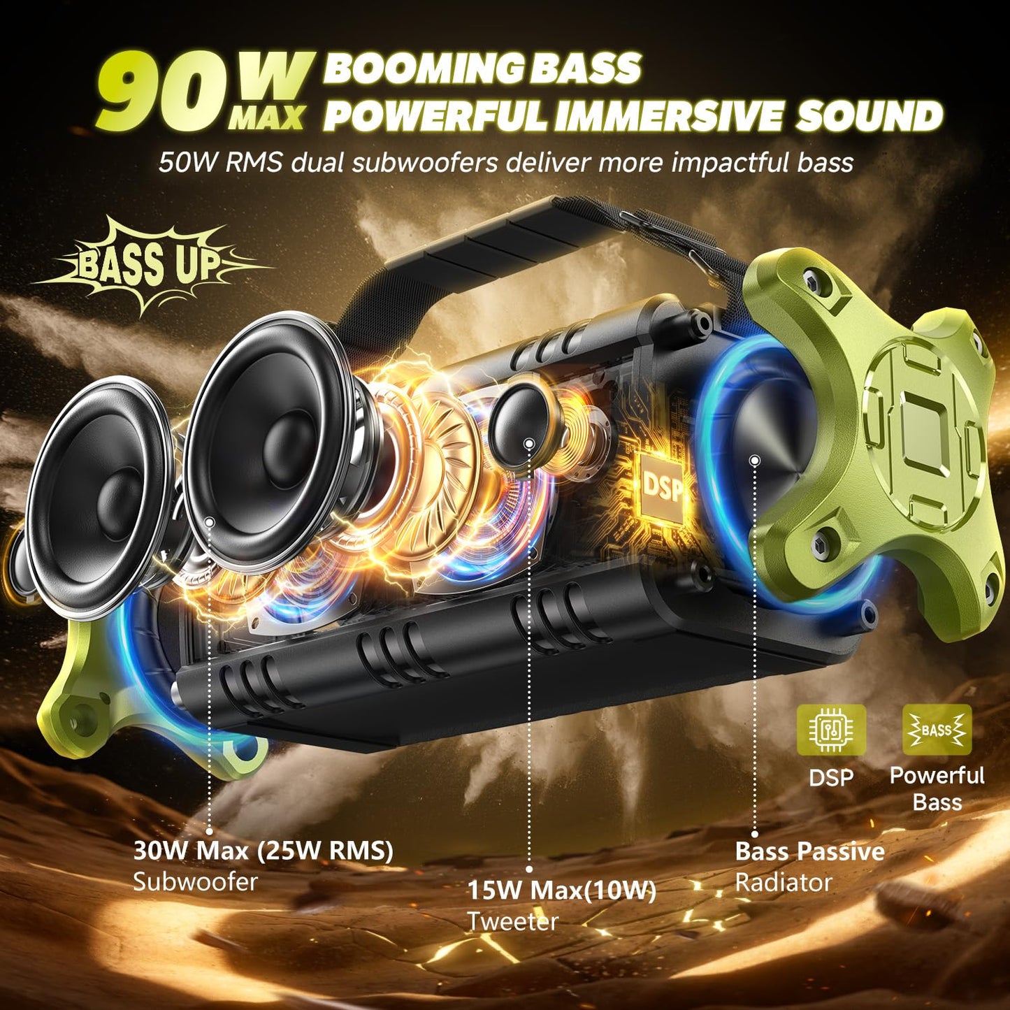 W-KING Altavoz Bluetooth de 90W, Altavoces inalámbricos portátiles Impermeables con 24 Horas de reproducción, Enorme batería, Graves potentes mejorados, subwoofer con NFC para Interiores y Exteriores