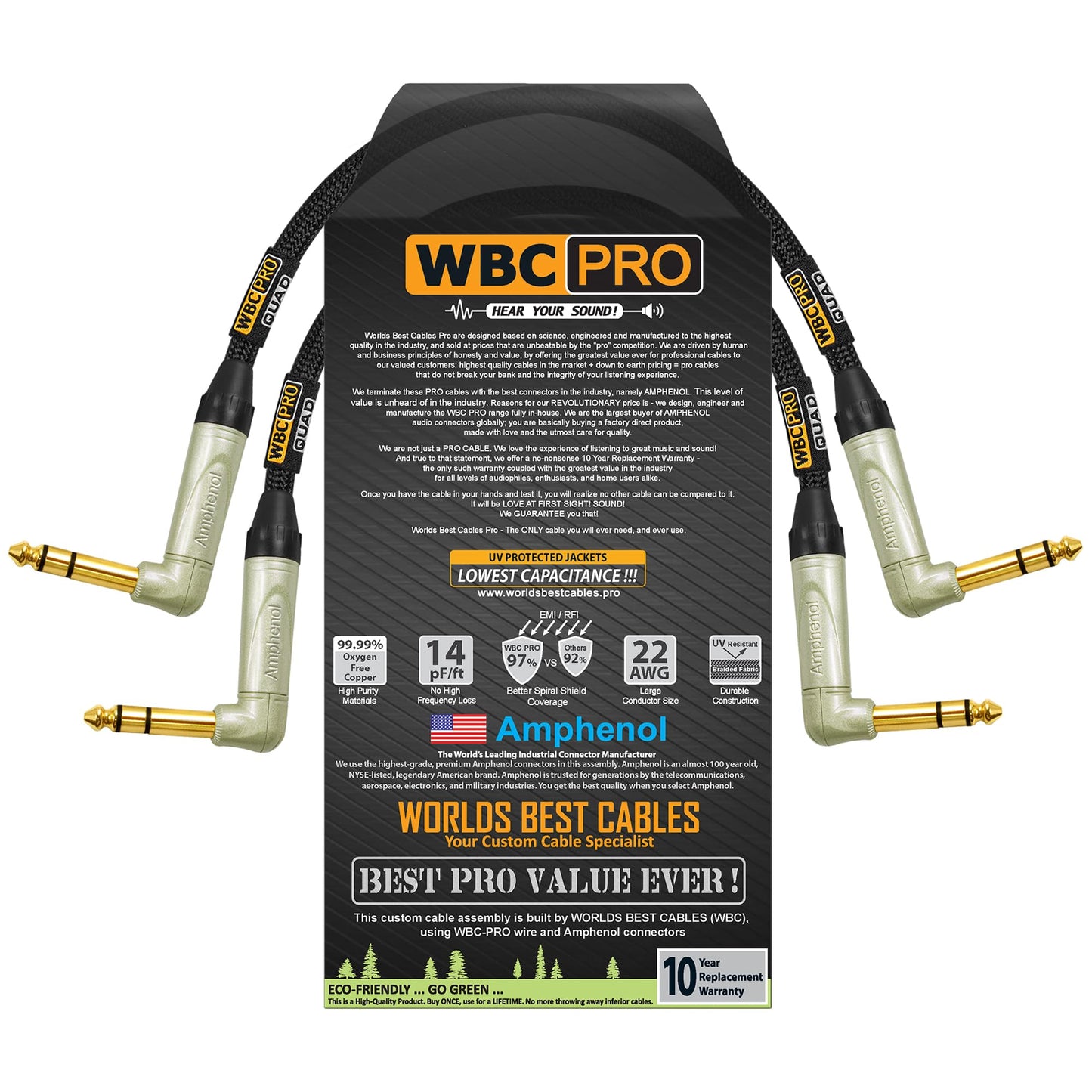 Cable de Audio WBC-PRO-Quad Negro Ultra Silencioso y Flexible con Conector Amphenol para Instrumentos