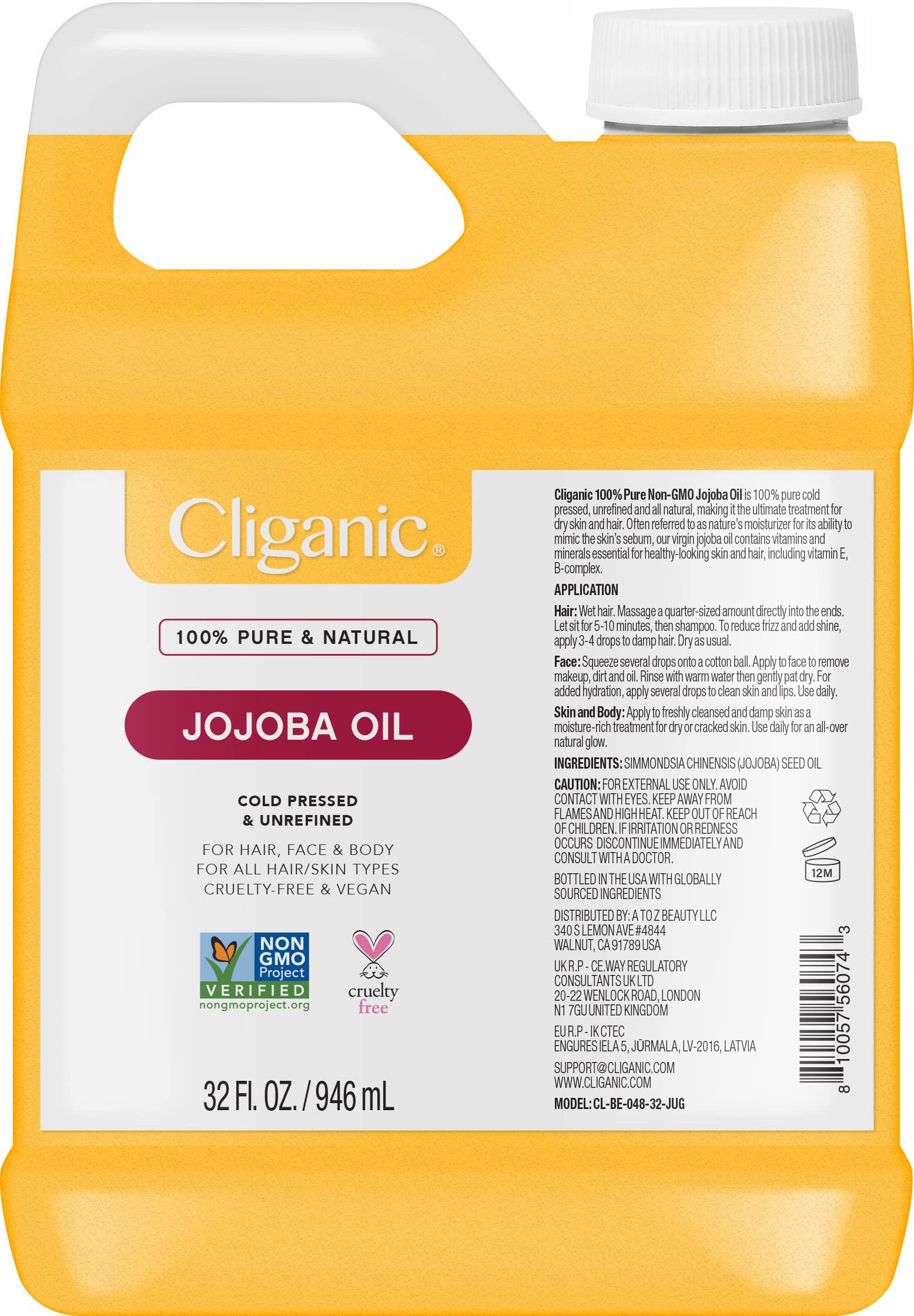 Cliganic Aceite de jojoba sin OMG a granel, 32 onzas, 100% puro