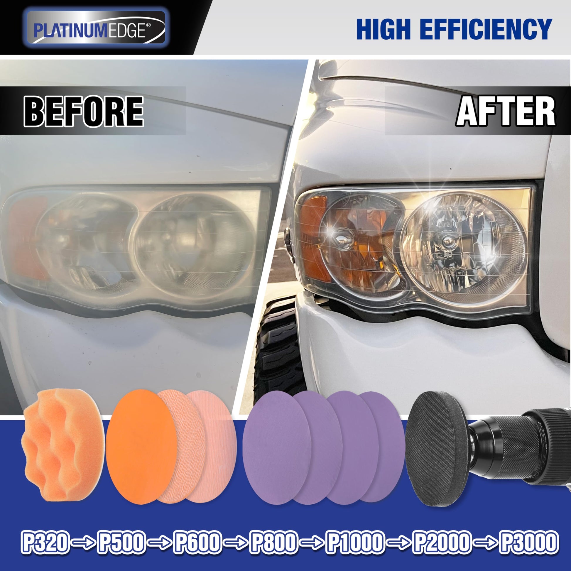 Kit de Restauración de Faros PLATINUMEDGE en Plata con Discos de Lijado de 3 Pulgadas para Coche