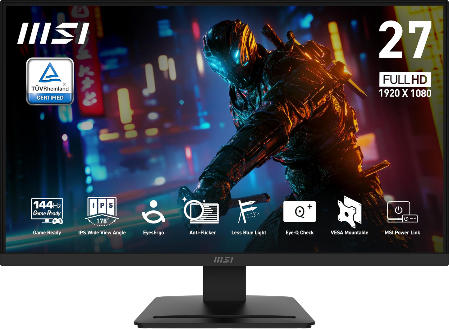 MSI PRO MP273L E14 27" IPS 1920 x 1080 (FHD), monitor de oficina para juegos, 144Hz, sincronización adaptativa, HDR, HDMI, puerto VGA, montaje VESA, inclinación, bisel delgado de 4 lados, 1 ms, negro