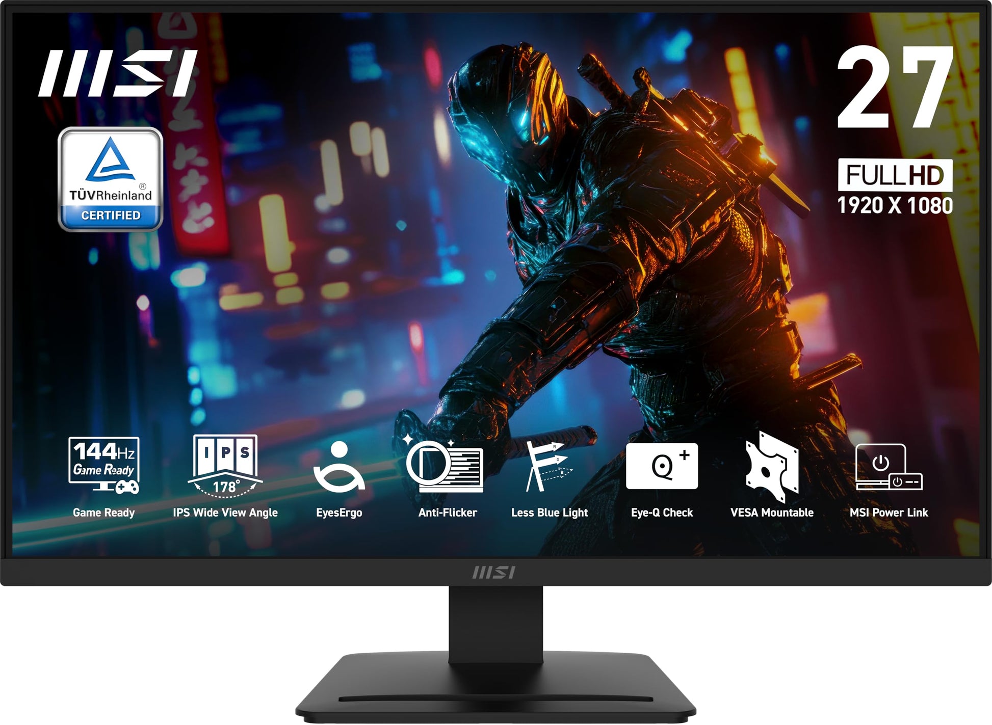 MSI PRO MP273L E14 27" IPS 1920 x 1080 (FHD), monitor de oficina para juegos, 144Hz, sincronización adaptativa, HDR, HDMI, puerto VGA, montaje VESA, inclinación, bisel delgado de 4 lados, 1 ms, negro